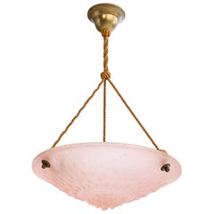 French Designer, Pendant Light, Glass, Rope, Brass, France, 1930s