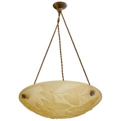 French Designer, Pendant Light, Glass, Rope, Brass, France, 1930s
