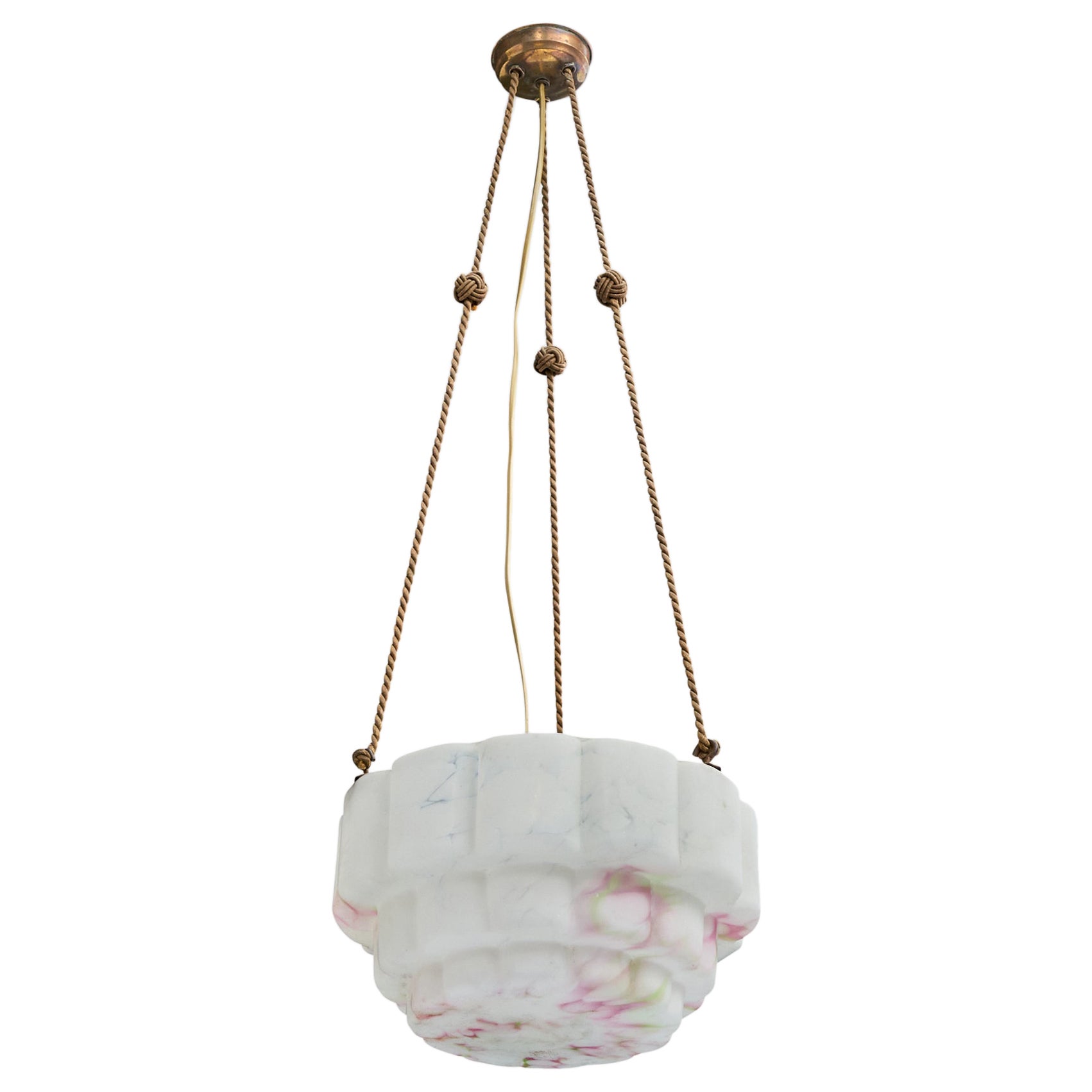 Designer francese, lampada a sospensione, vetro, corda, ottone, Francia, anni '30