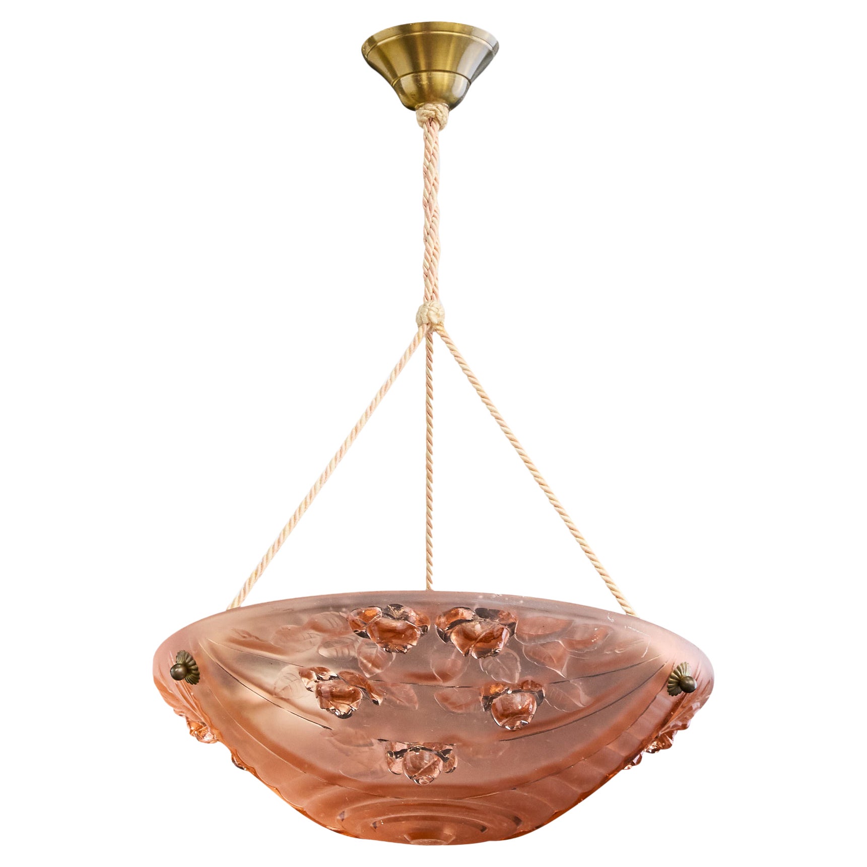 Designer francese, lampada a sospensione, vetro, corda, ottone, Francia, anni '30