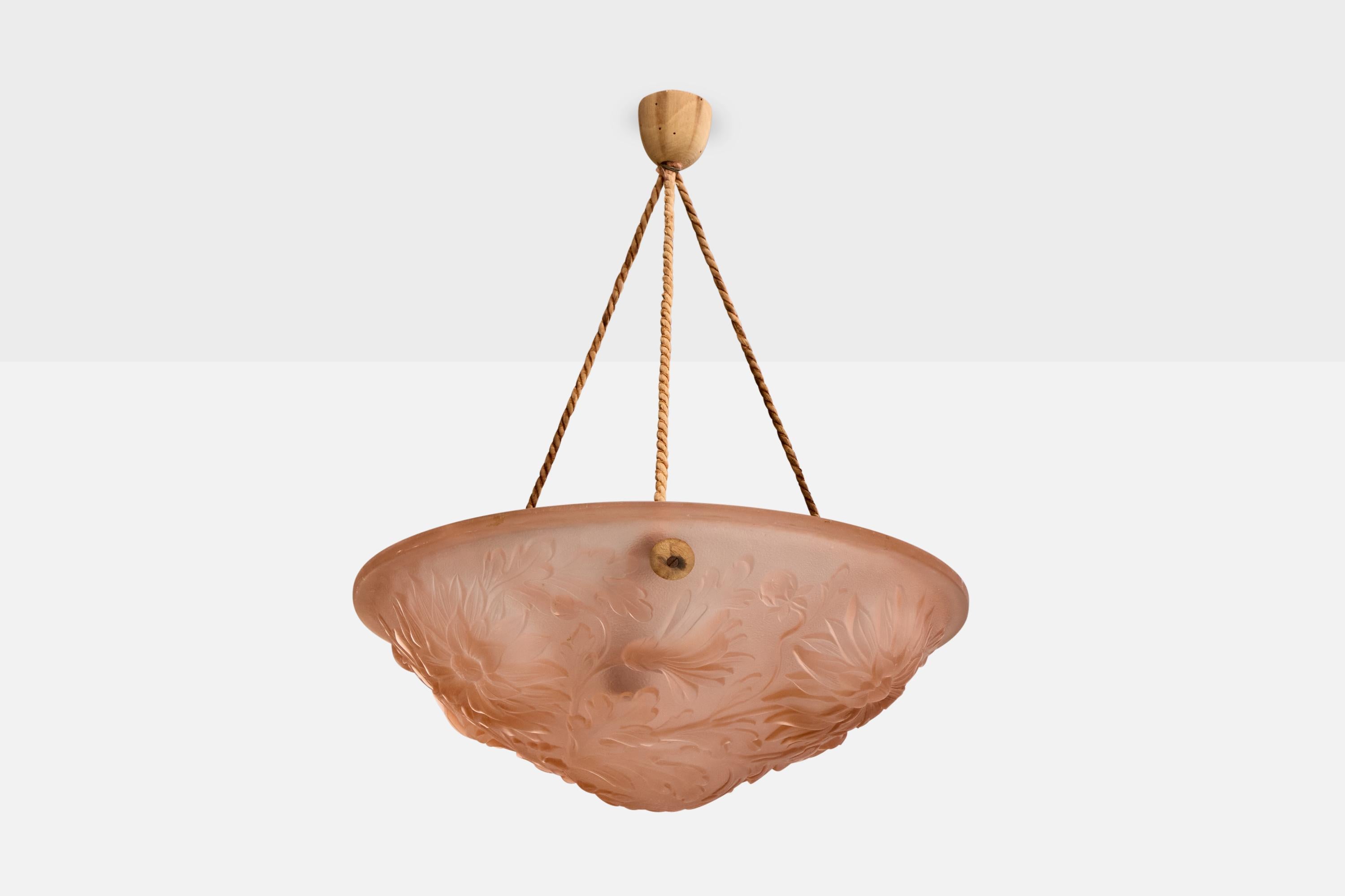 Lampada a sospensione in vetro rosa e corda beige progettata e prodotta in Francia, anni '30 circa.

Dimensioni complessive (pollici): 18,0 