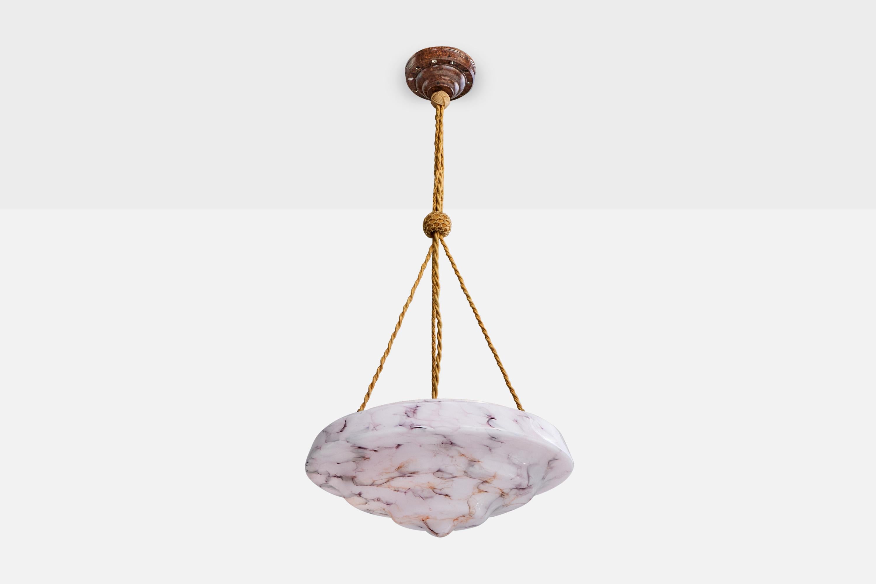 A purple-colored glass and rope pendant light with alabaster finishing likely designed and produced in France, c. 1930s.

Overall Dimensions (inches): 28