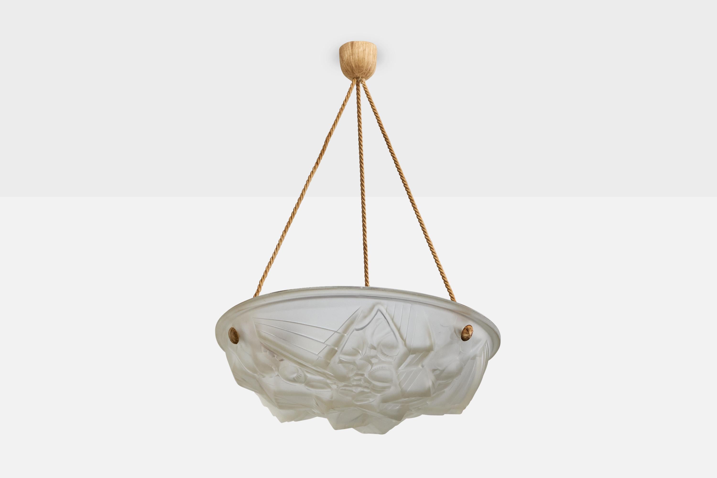 Lampada a sospensione in vetro e corda marrone progettata e prodotta in Francia, anni '30 circa.

Dimensioni complessive (pollici): 21,5