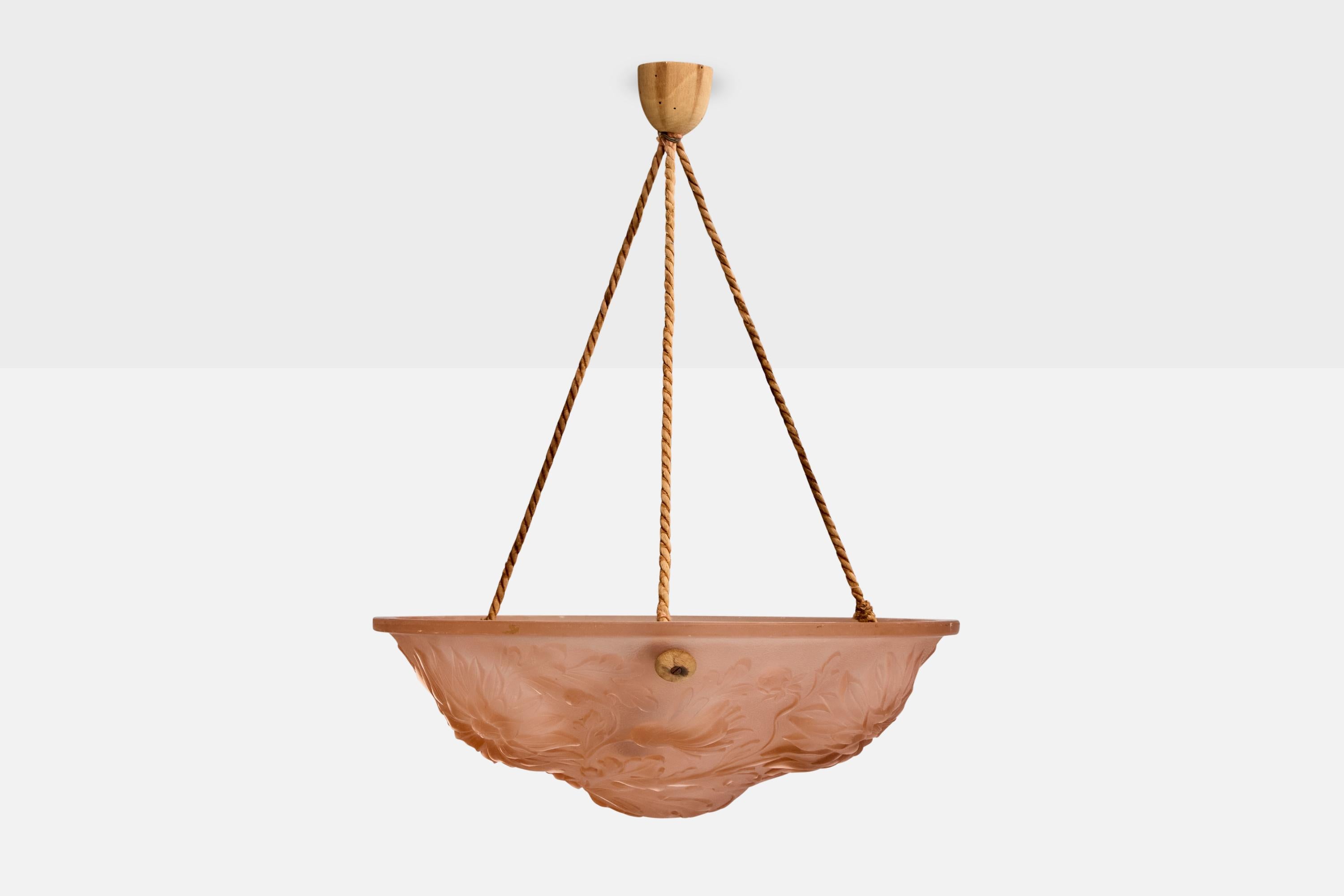 Francese Designer francese, lampada a sospensione, vetro, corda, Francia, anni '30 in vendita