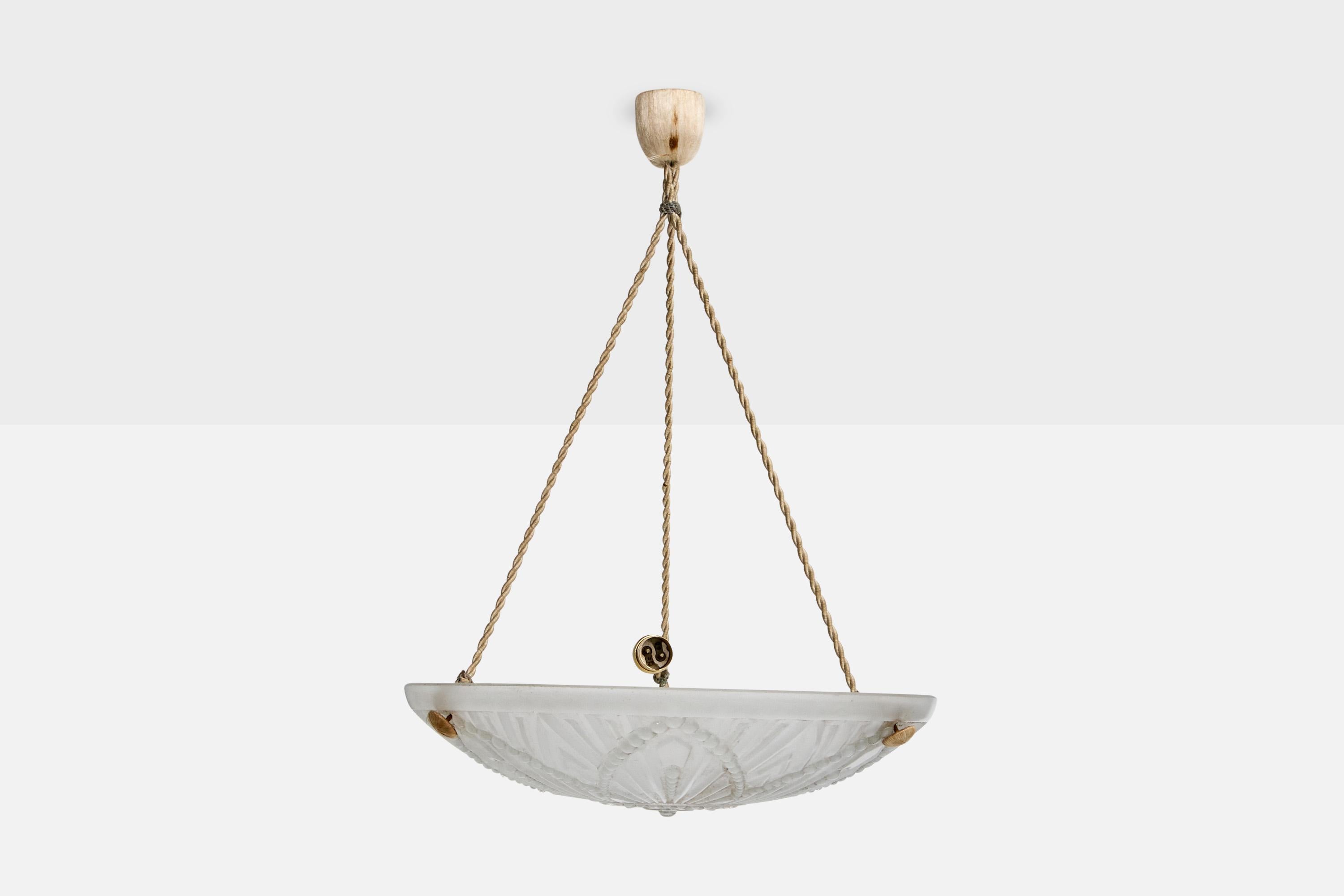 Francese Designer francese, lampada a sospensione, vetro, corda, Francia, anni '30 in vendita
