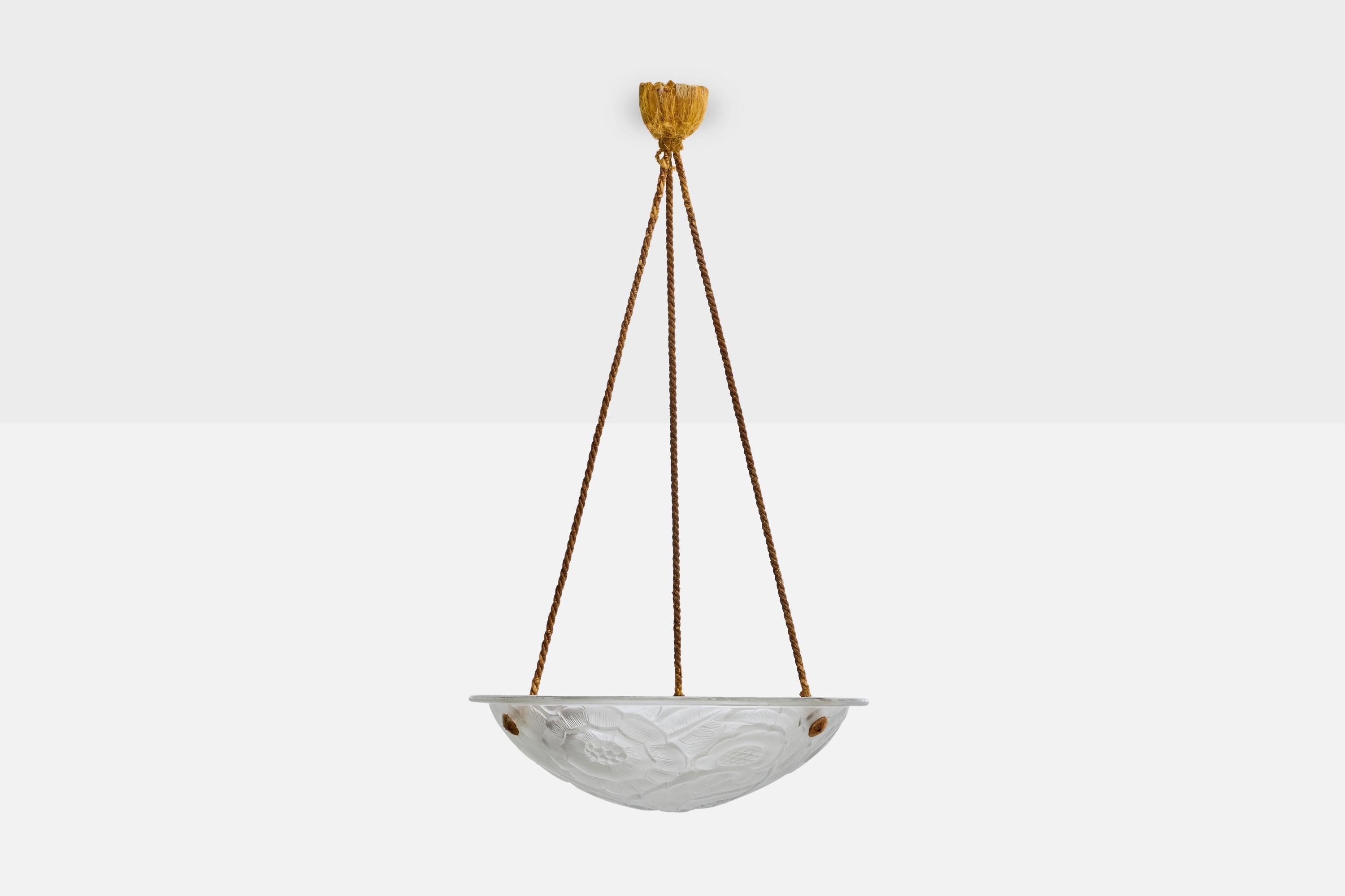 Mid-Century moderno Designer francese, lampada a sospensione, vetro, corda, Francia, anni '30 in vendita