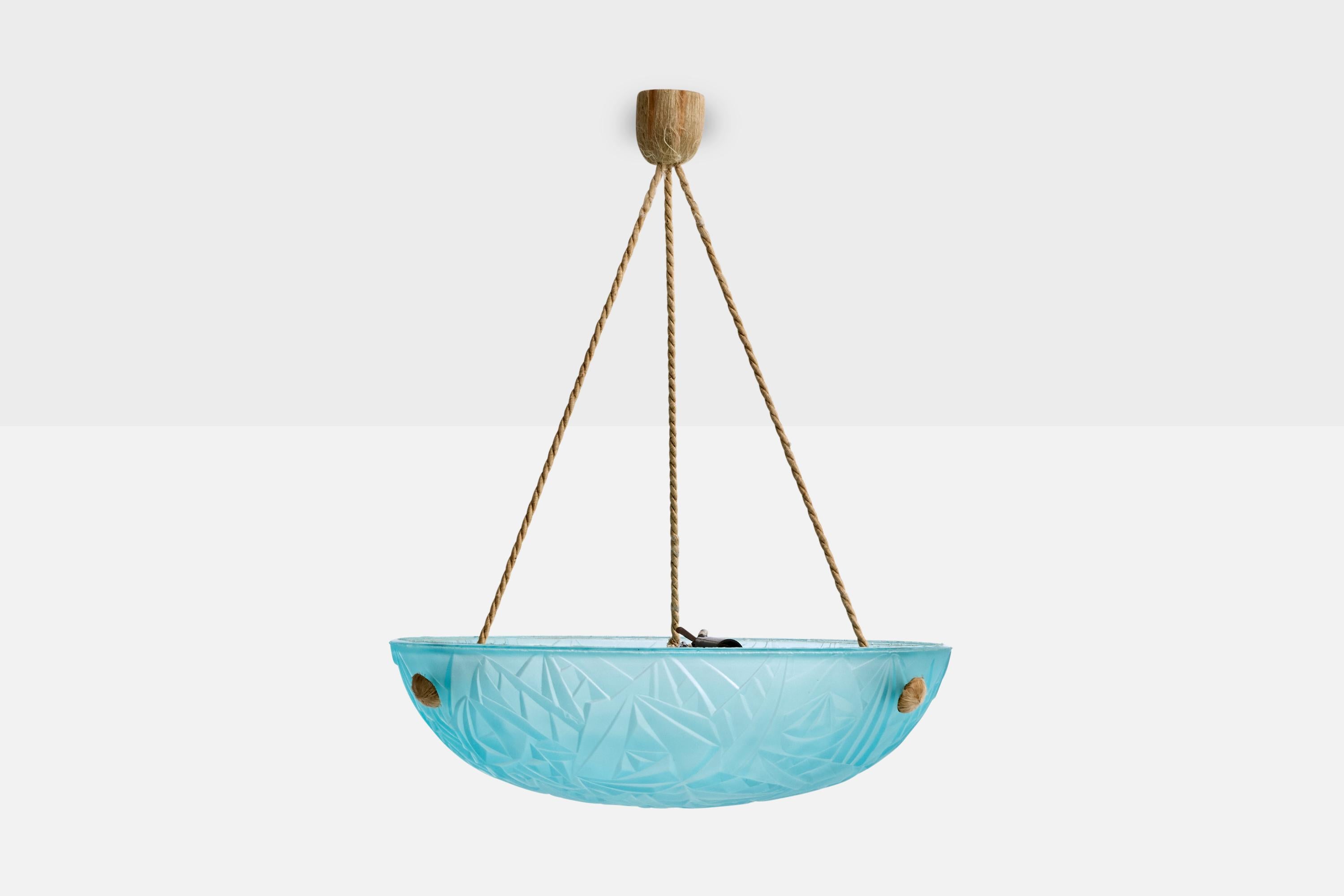 Mid-Century Modern Designer français, lampe suspendue, verre, corde, France, années 1930 en vente