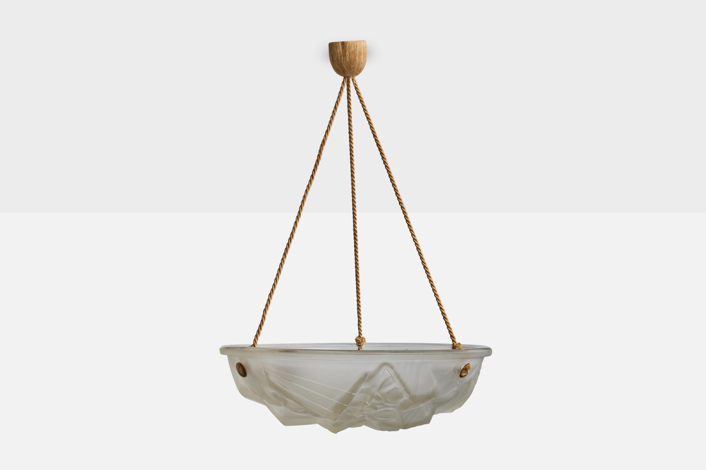 Mid-Century moderno Designer francese, lampada a sospensione, vetro, corda, Francia, anni '1930 in vendita