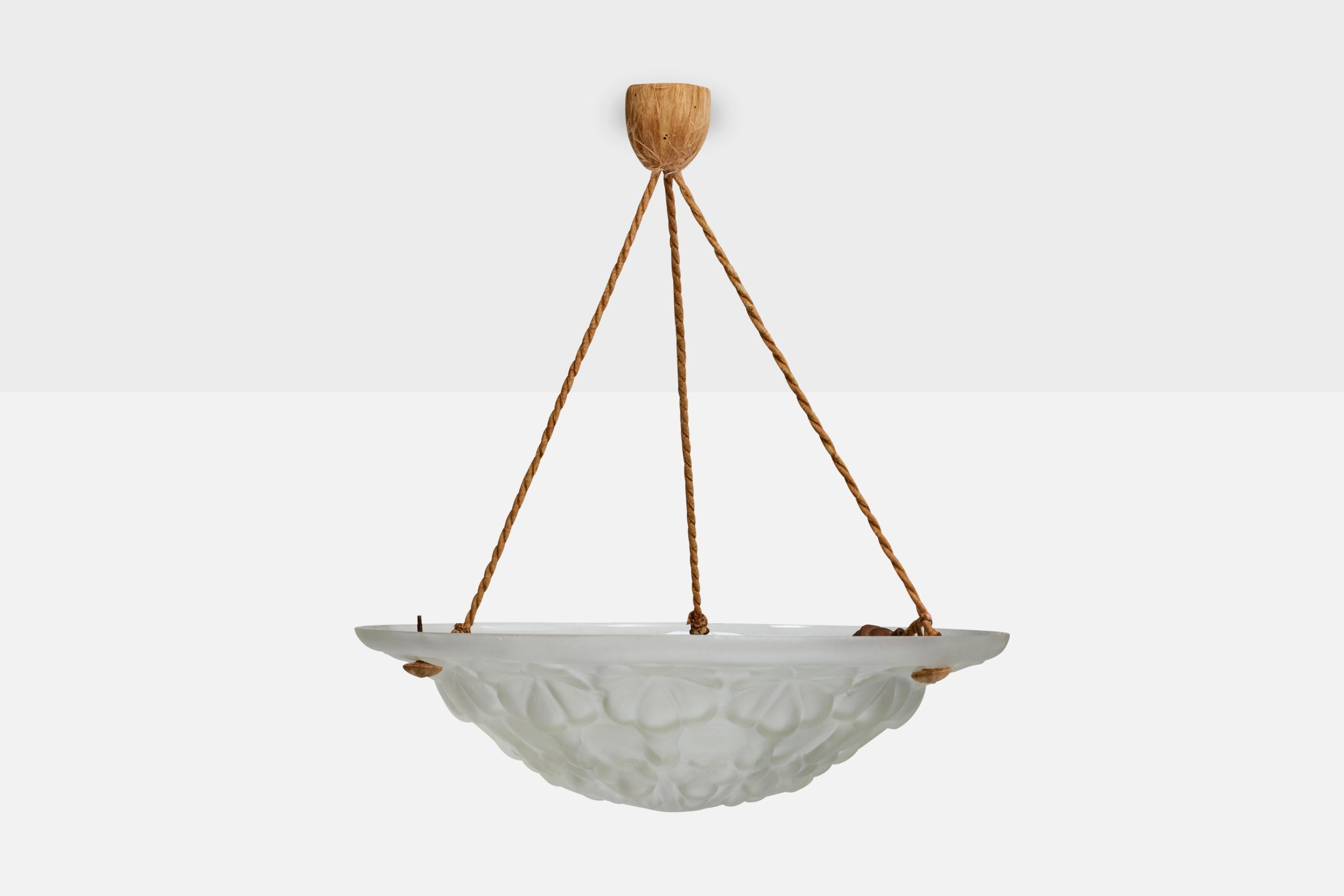 Mid-Century Modern French Designer, Pendant Light, Glass, Rope, France, 1930s For Sale