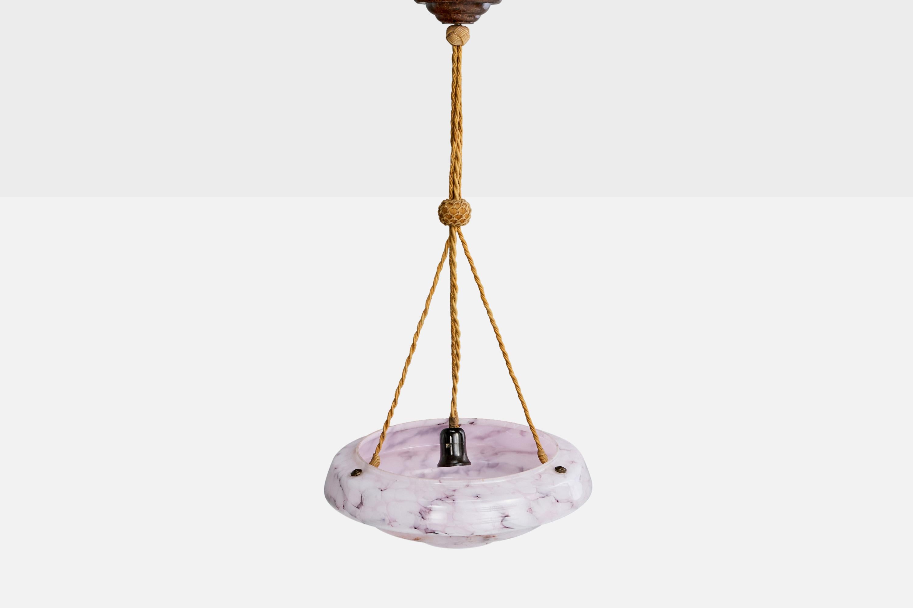 Mid-20th Century French Designer, Pendant Light, Glass, Rope, France, 1930s For Sale