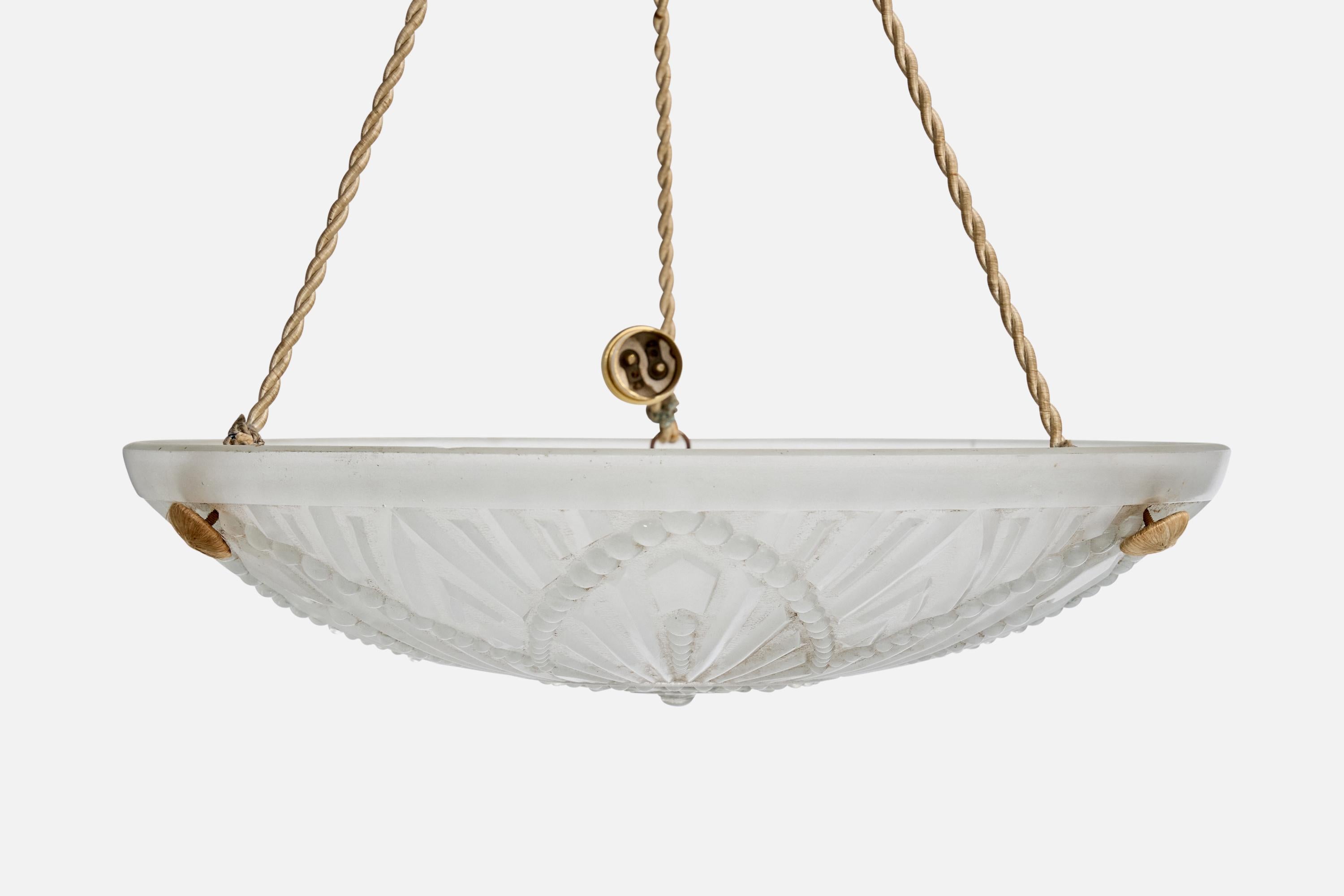Metà XX secolo Designer francese, lampada a sospensione, vetro, corda, Francia, anni '30 in vendita