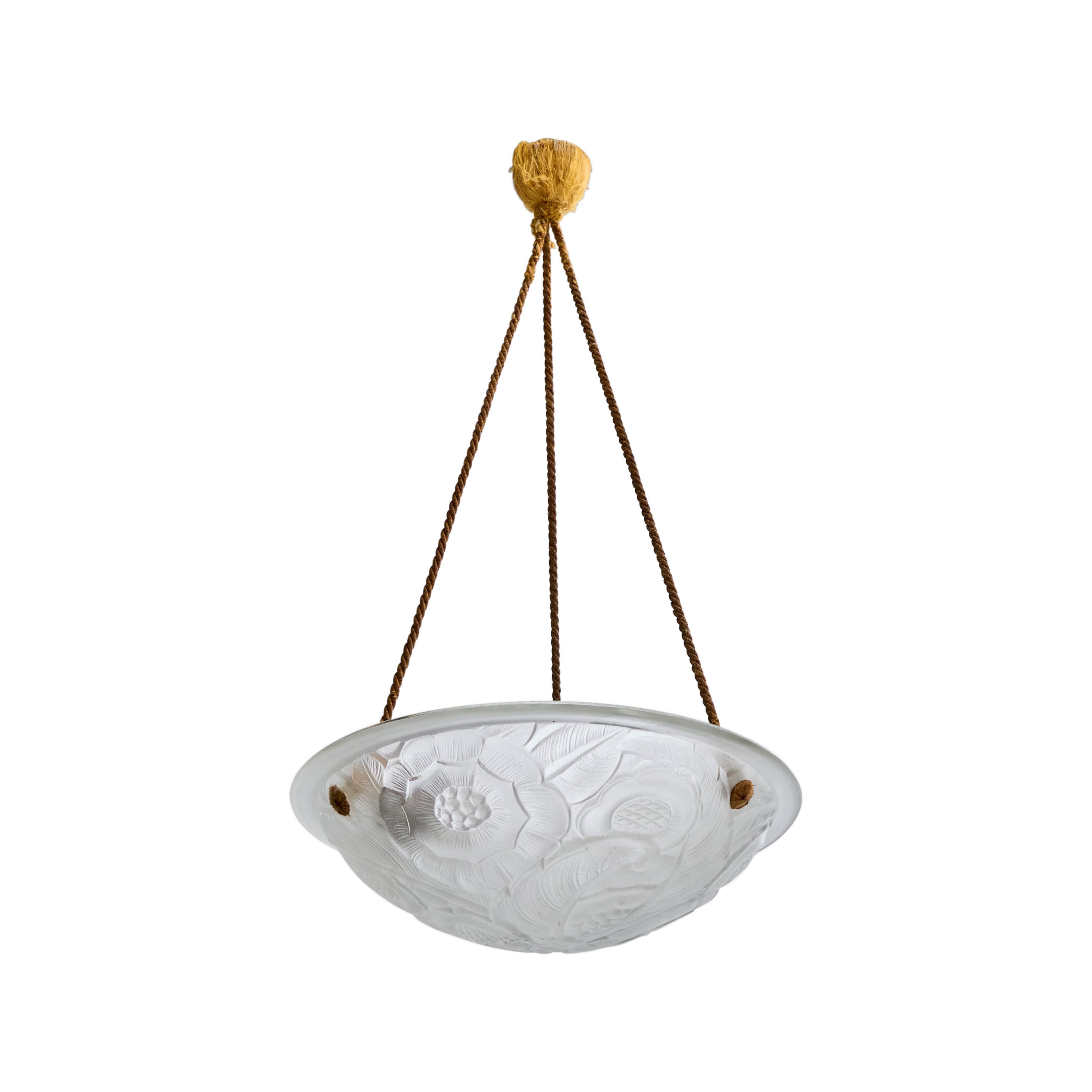 Französische Designerin, Pendelleuchte, Glas, Seil, Frankreich, 1930er Jahre