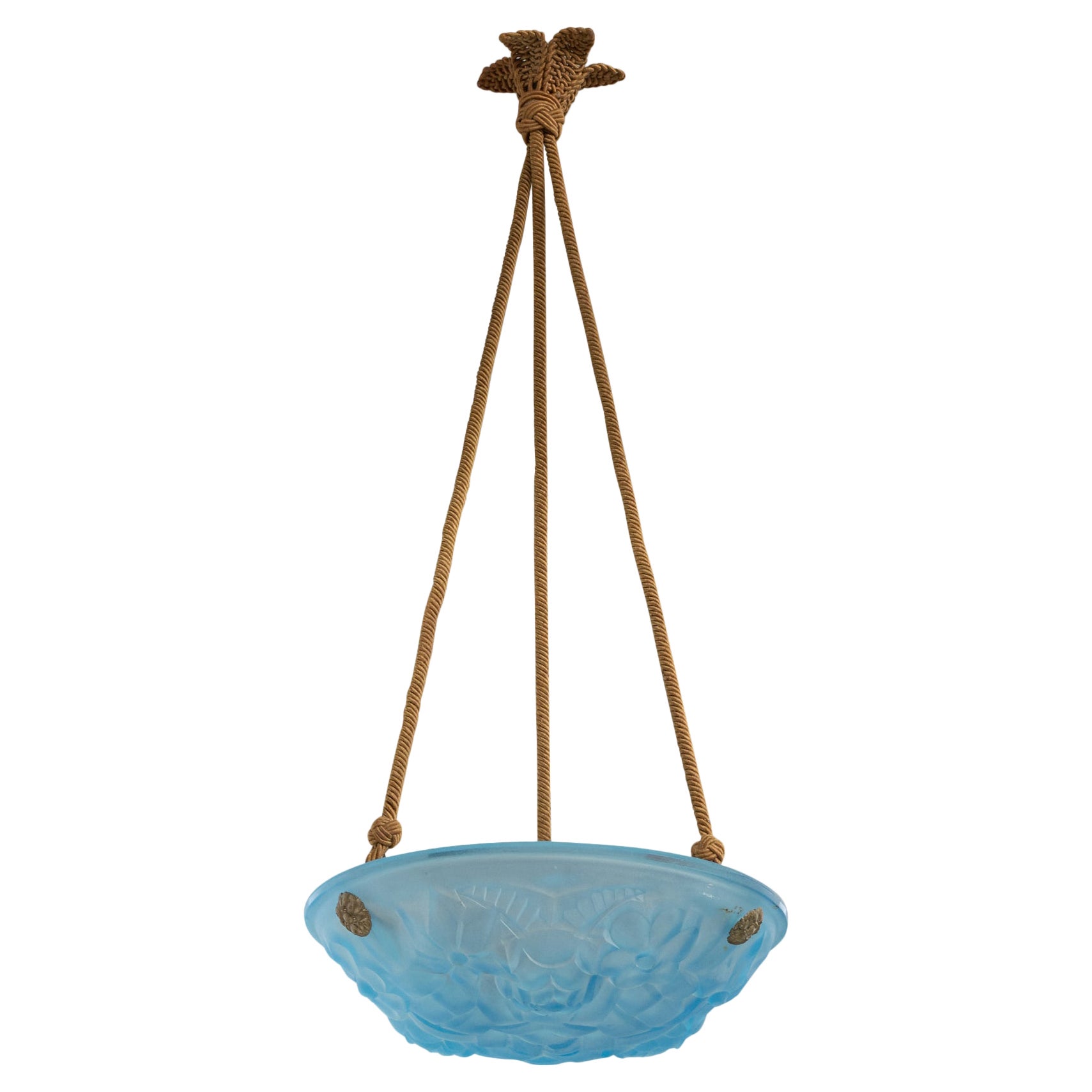 French Designer, Pendant Light, Glass, Rope, France, 1930s