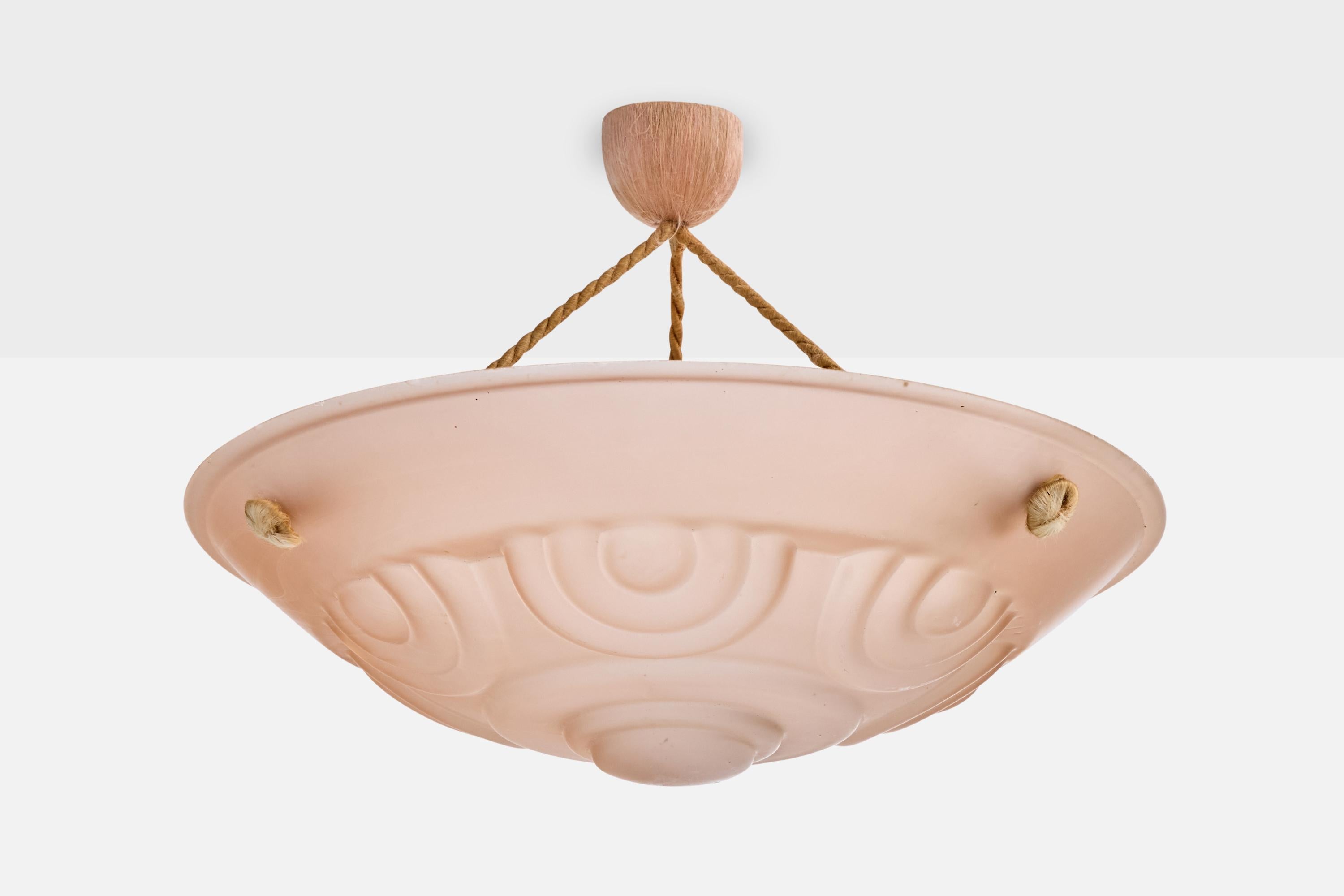 Lampada a sospensione in vetro rosa e corda rosa progettata e prodotta in Francia, anni '40 circa.

Dimensioni complessive (pollici): 9,5 