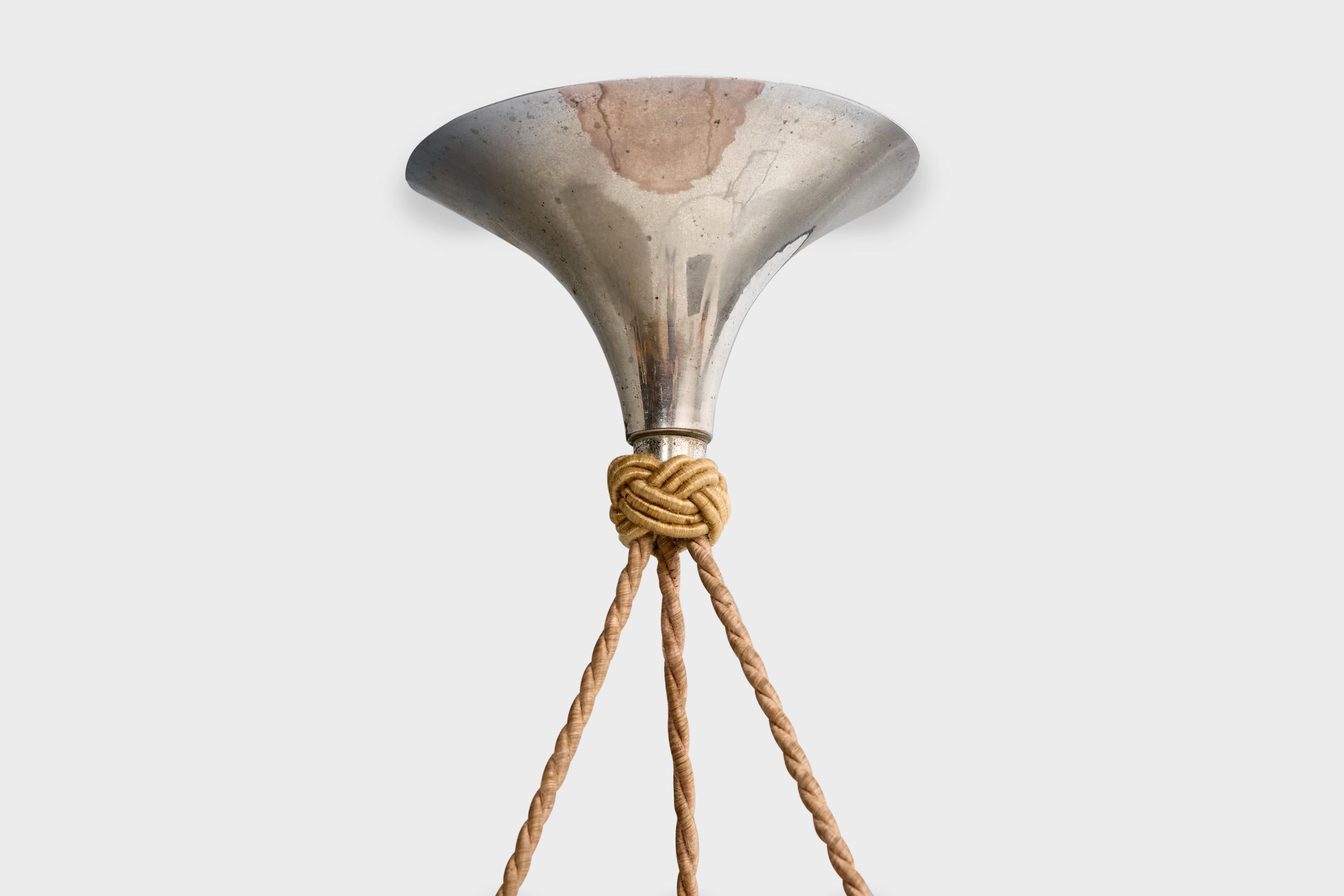 Designer francese, lampada a sospensione, vetro, corda, metallo, Francia, anni '30 in vendita 4