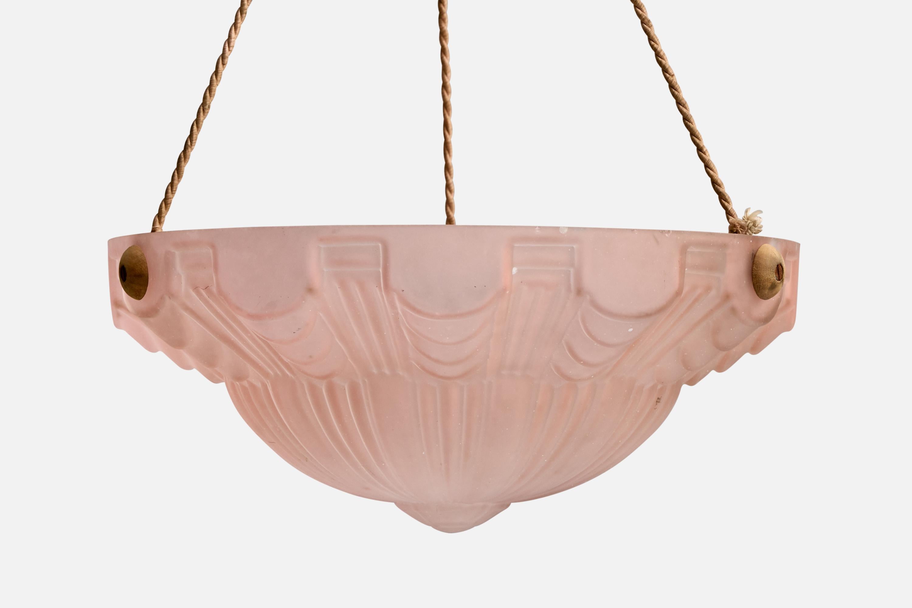 Metà XX secolo Designer francese, lampada a sospensione, vetro, corda, metallo, Francia, anni '30 in vendita