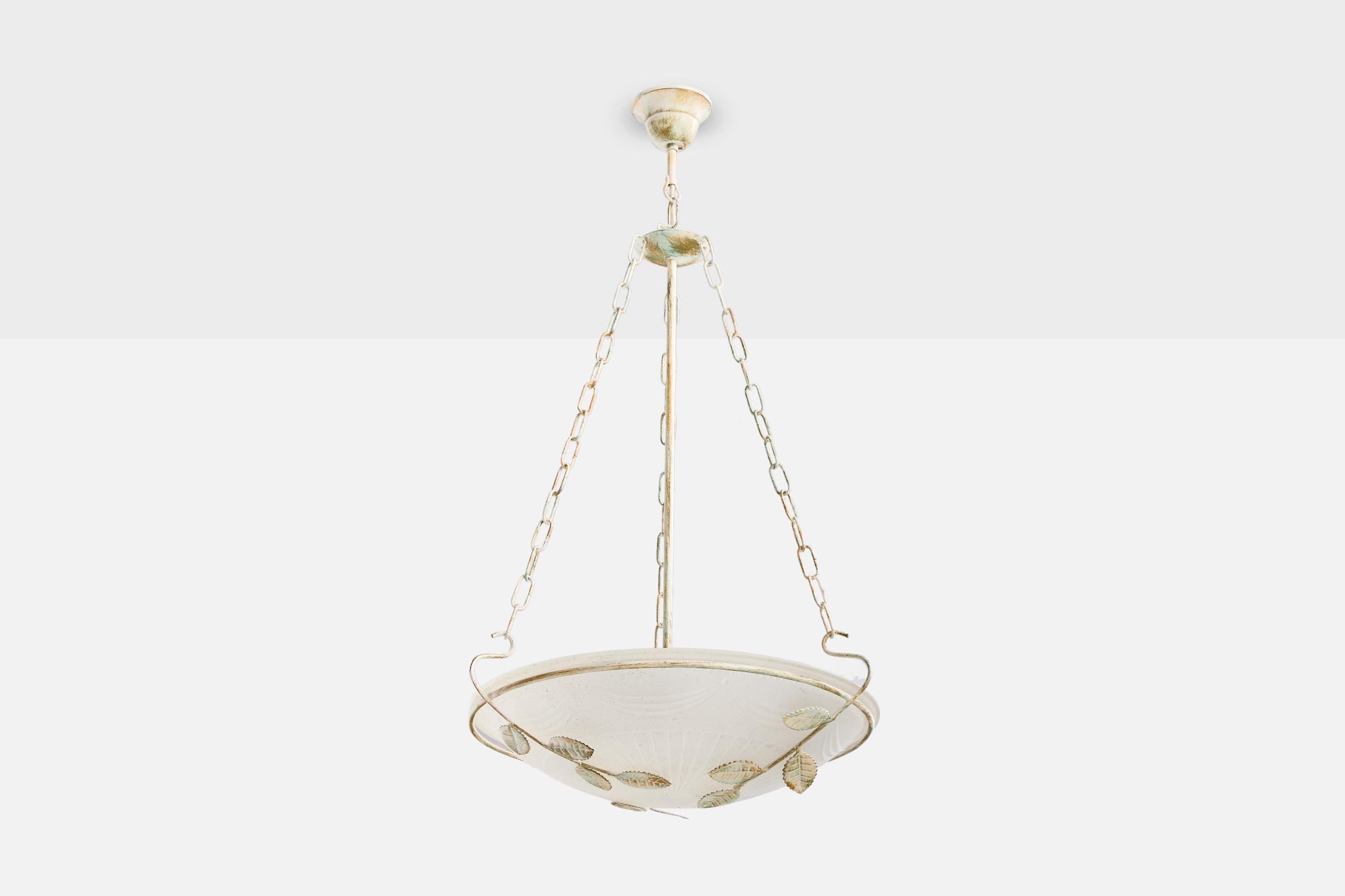 Lampada a sospensione in metallo verniciato bianco e verdastro e vetro opalino progettata e prodotta in Francia, anni '80 circa.

Usura coerente con l'età e l'uso

Dimensioni complessive (pollici): 31,5