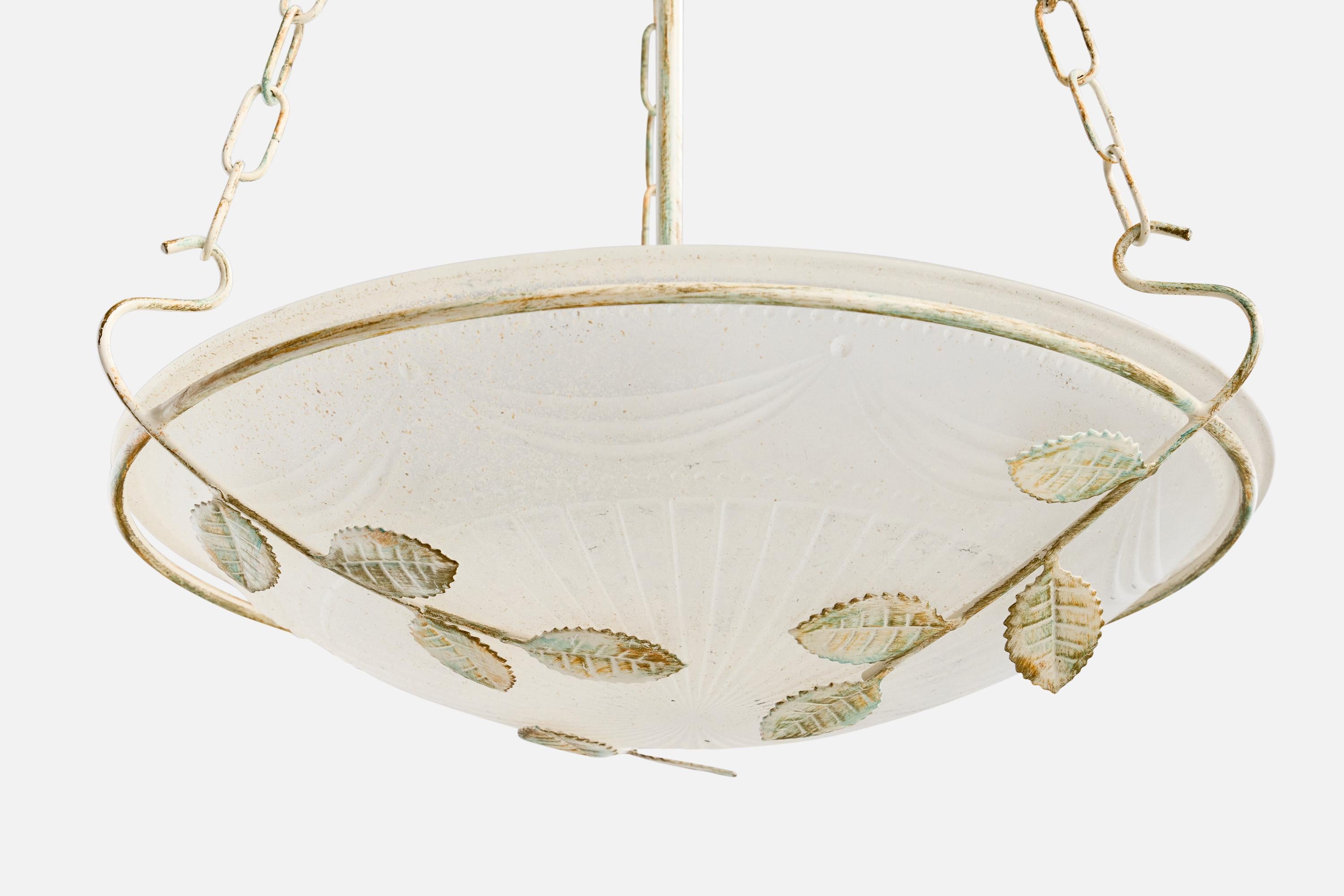 Fine XX secolo Designer francese, lampada a sospensione, ferro, vetro, Francia, anni '80