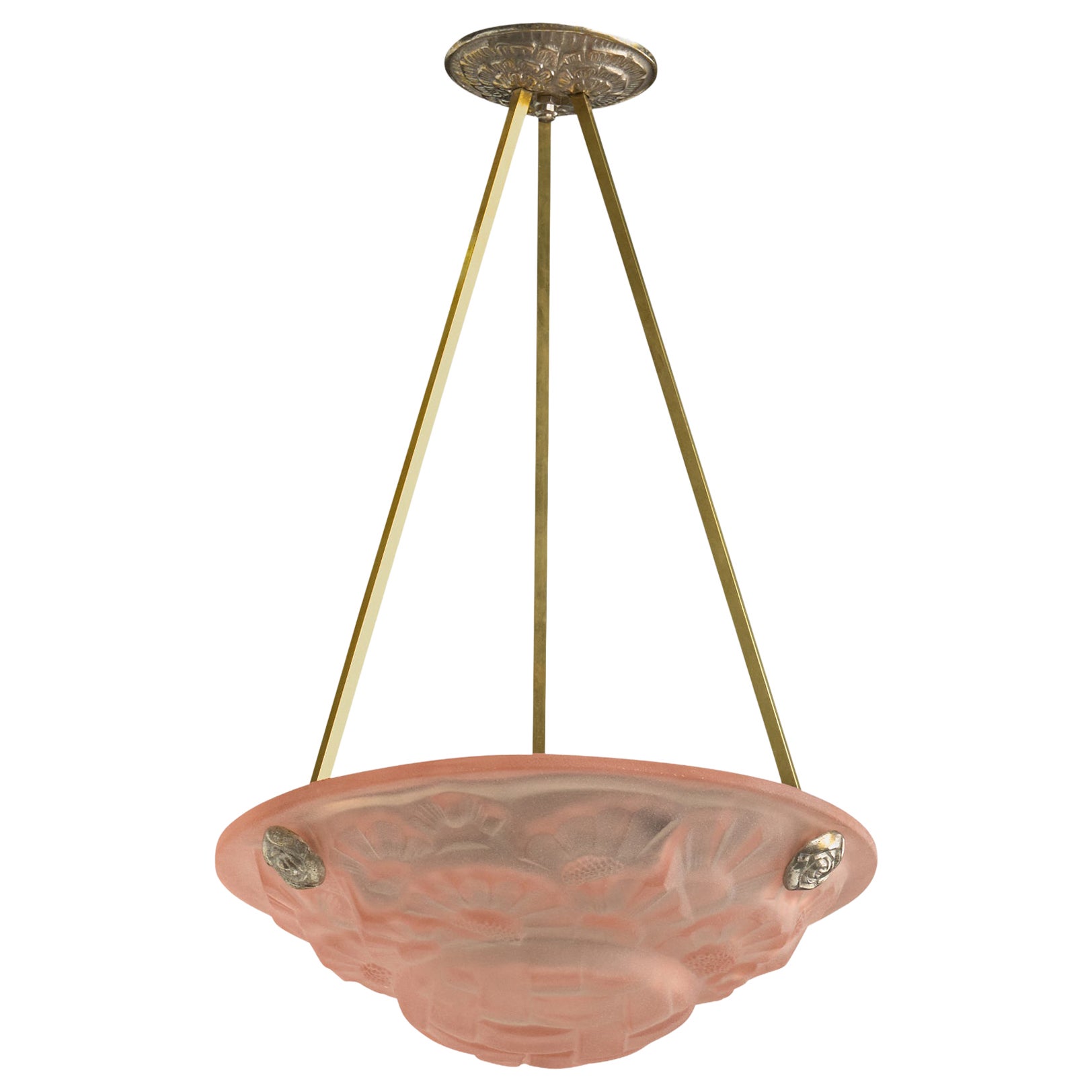 French Designer, Pendant Light, Metal, Brass, Glass, France, 1930s