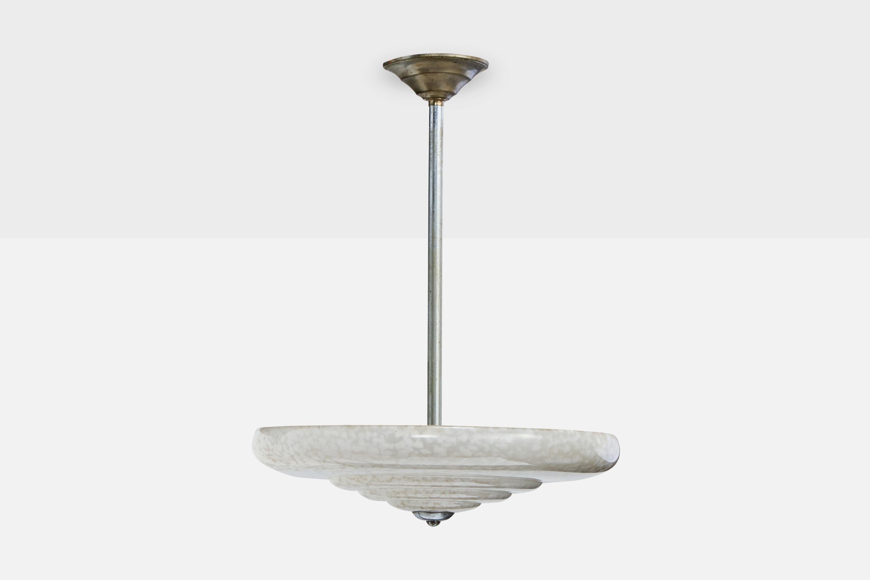 Mid-Century moderno Designer francese, lampada a sospensione, metallo, vetro, Francia, anni '1920 in vendita