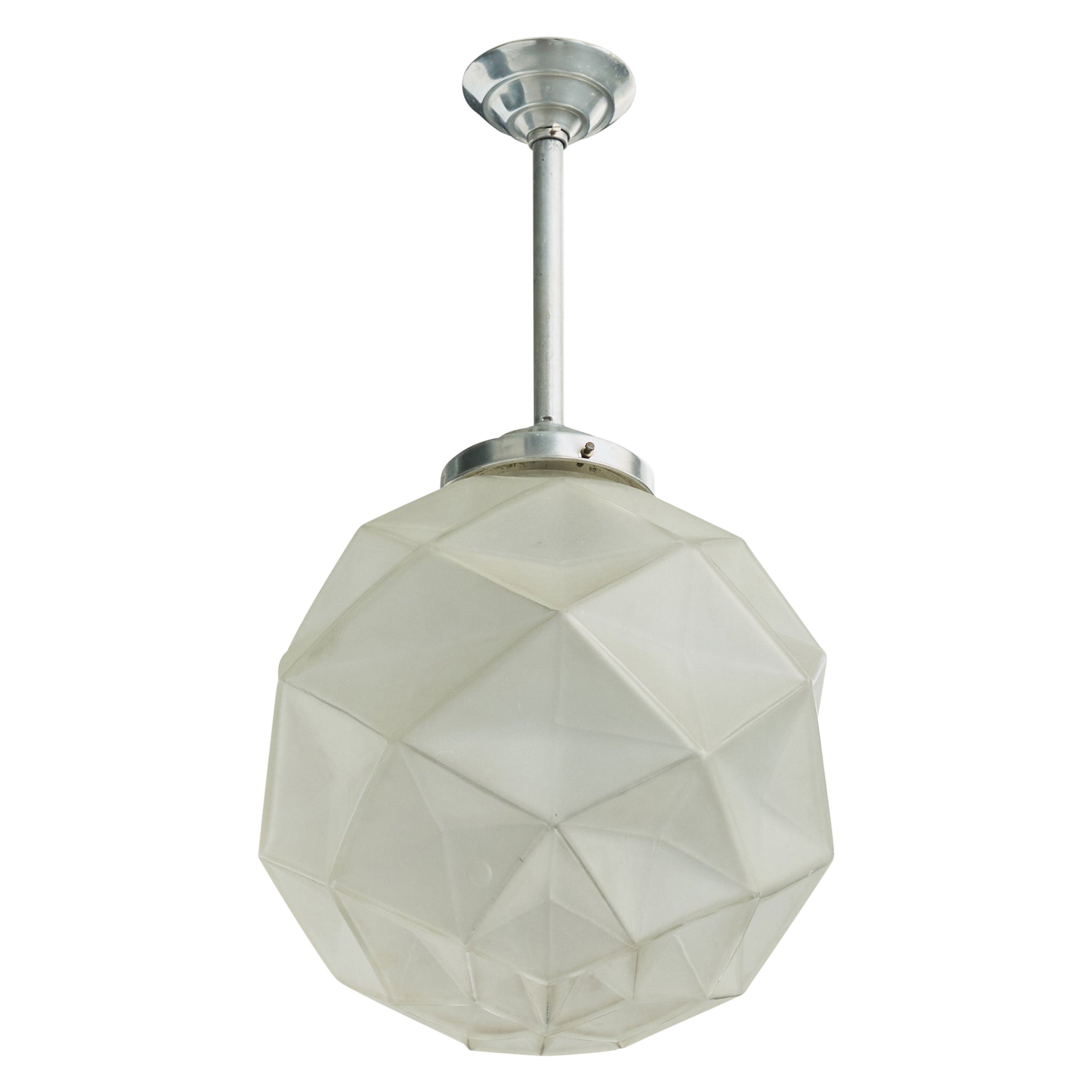 French Designer, Pendant Light, Metal, Glass, France, 1930s