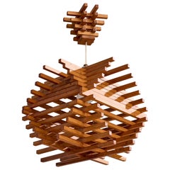 French Designer, Pendant Light, Oak, France, 1950s