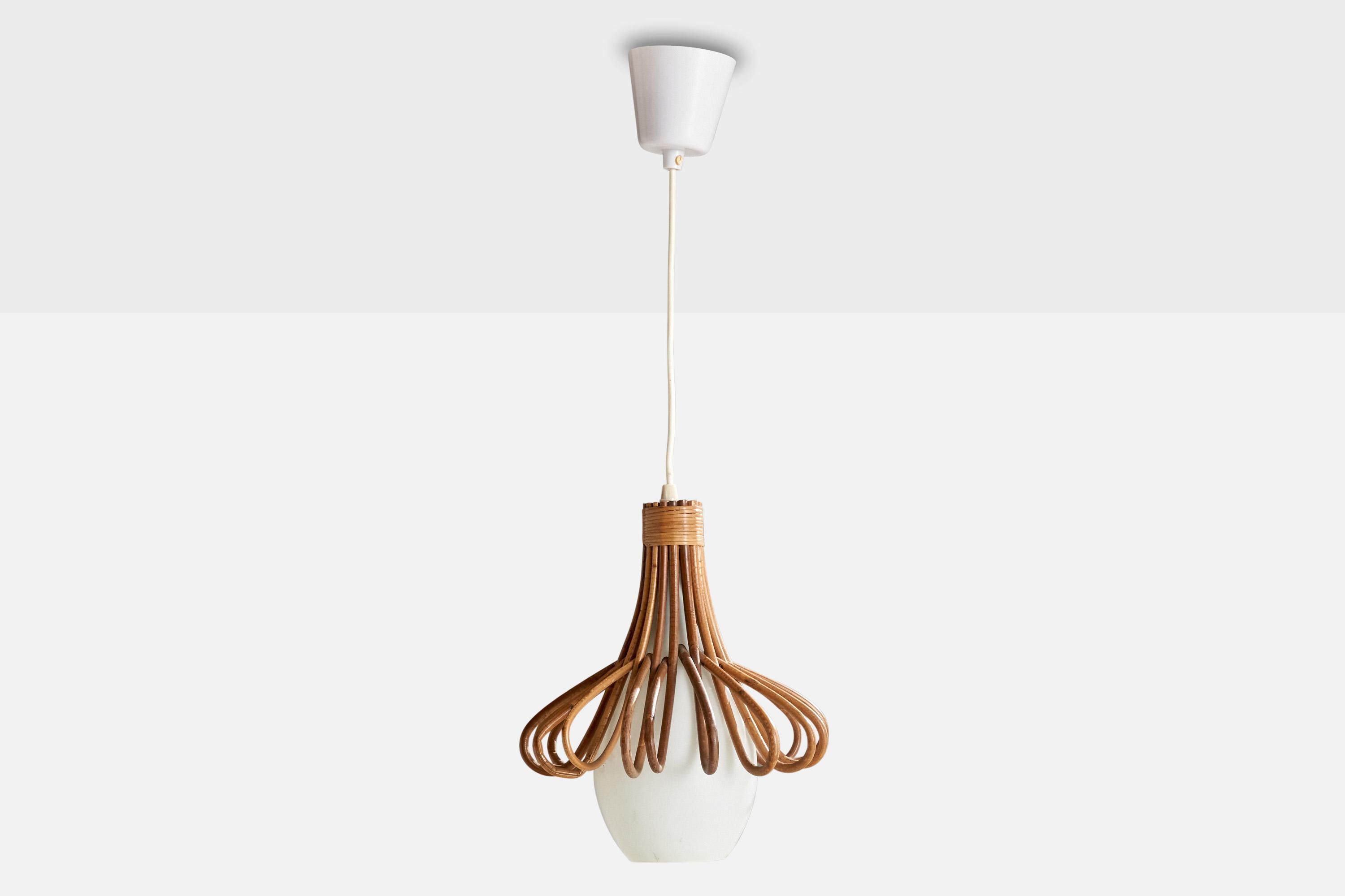 Mid-Century Modern French Designer, Pendant Light, Rattan, Glass, France, 1960s For Sale
