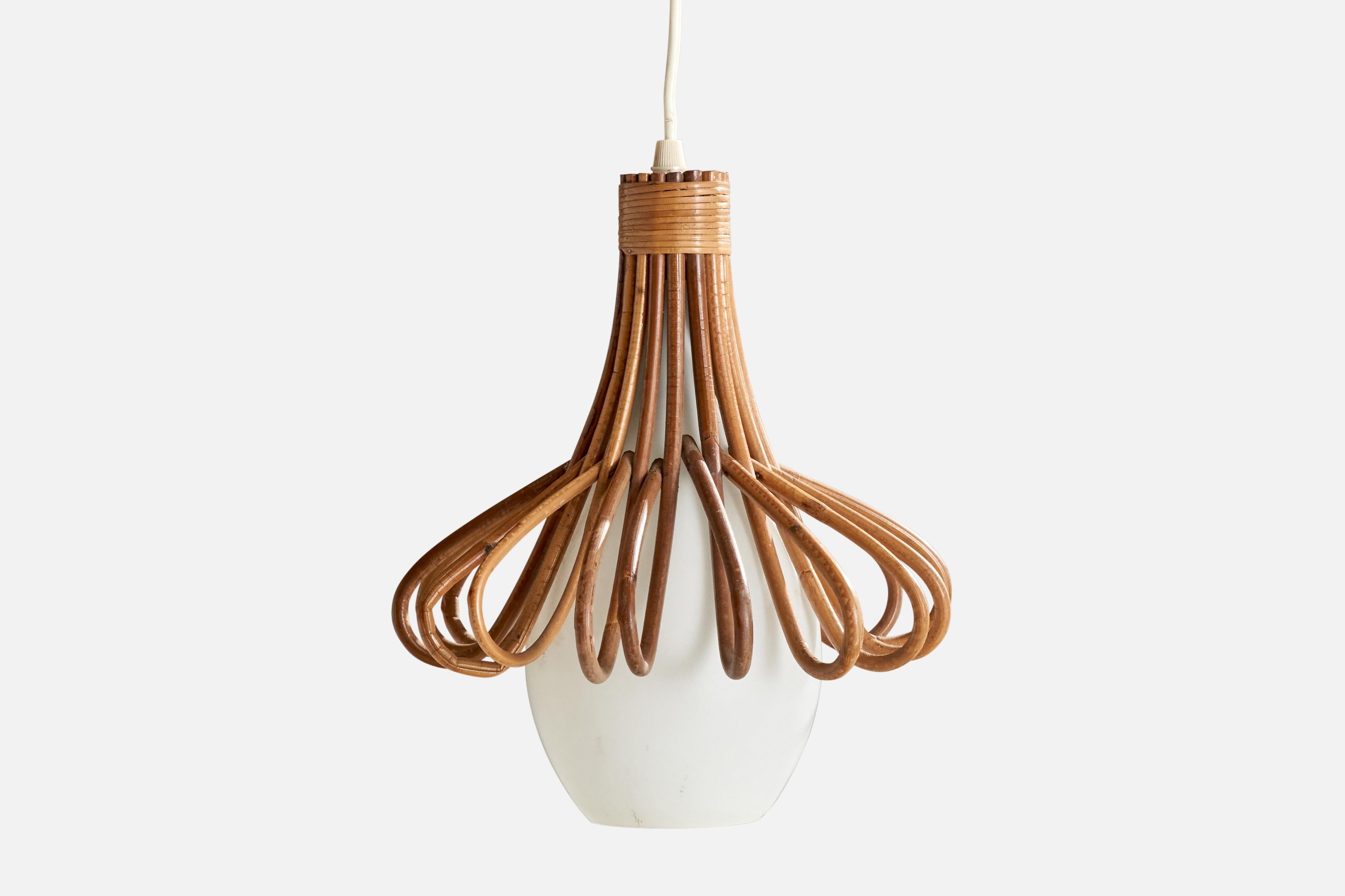 Mid-20th Century French Designer, Pendant Light, Rattan, Glass, France, 1960s For Sale