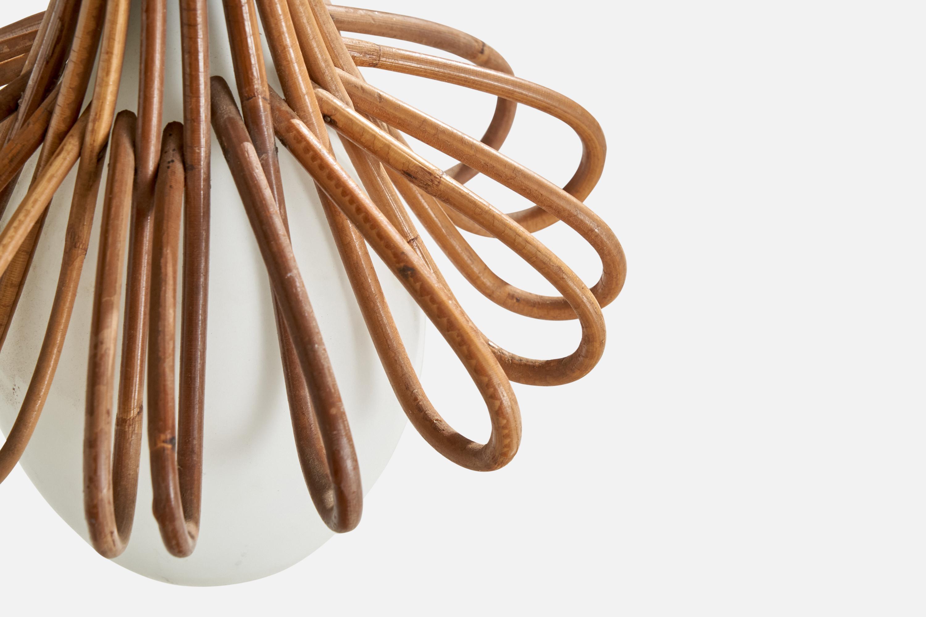 French Designer, Pendant Light, Rattan, Glass, France, 1960s For Sale 1