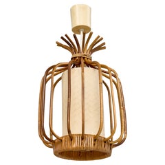 French Designer, Pendant Light, Rattan, Paper, France, 1960s