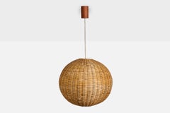 French Designer, Pendant Light, Rattan, Teak, France, 1960s