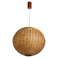 French Designer, Pendant Light, Rattan, Teak, France, 1960s