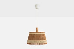 French Designer, Pendant Light, Reed, Fabric, Teak, France, 1960s
