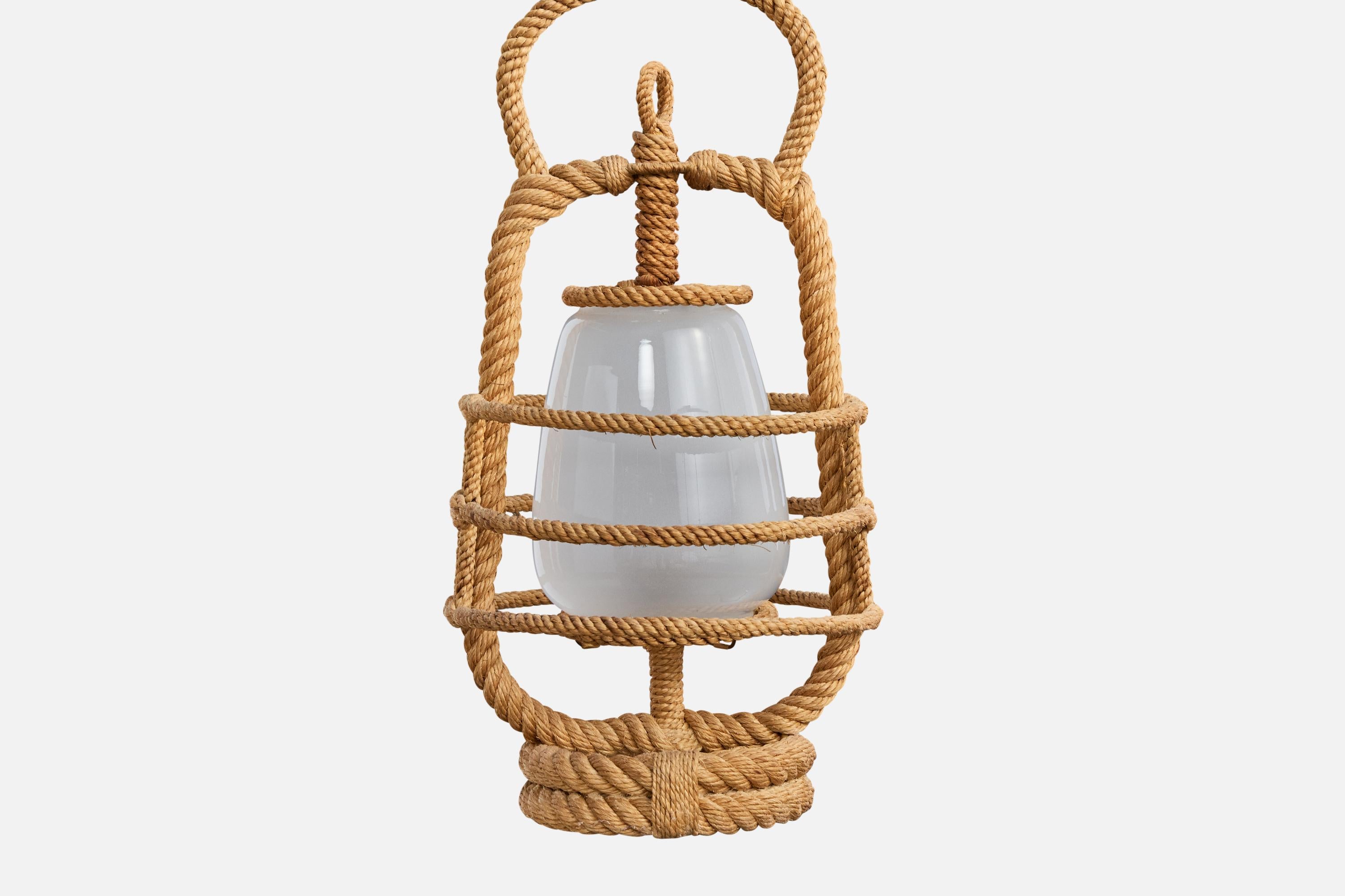 Französische Designerin, Pendelleuchte, Seil, Glas, Frankreich, 1970er Jahre (Ende des 20. Jahrhunderts) im Angebot