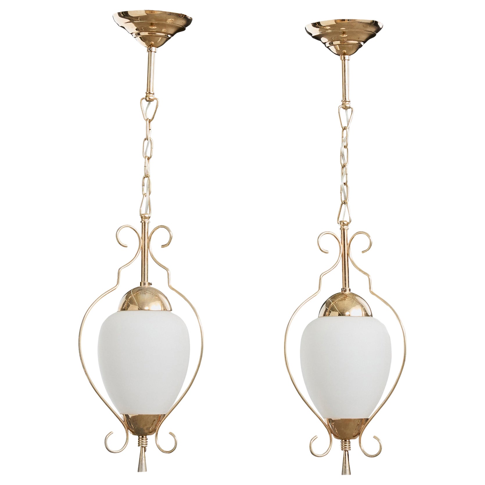 French Designer, Pendant Lights, Brass, Glass, France, 1970s For Sale