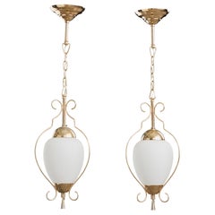 French Designer, Pendant Lights, Brass, Glass, France, 1970s