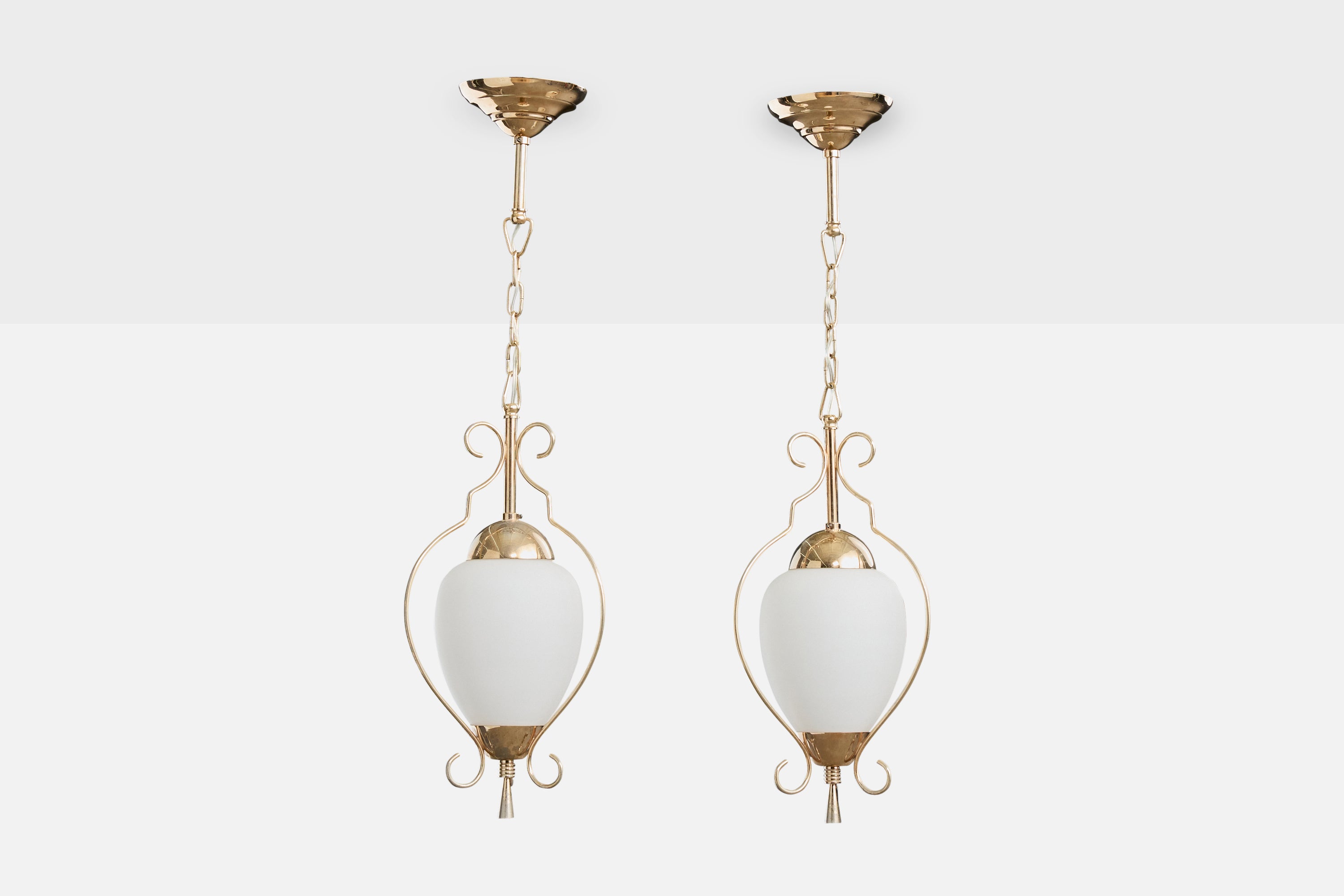 French Designer, Pendant Lights, Brass, Glass, France, 1970s in vendita