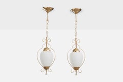 French Designer, Pendant Lights, Brass, Glass, France, 1970s