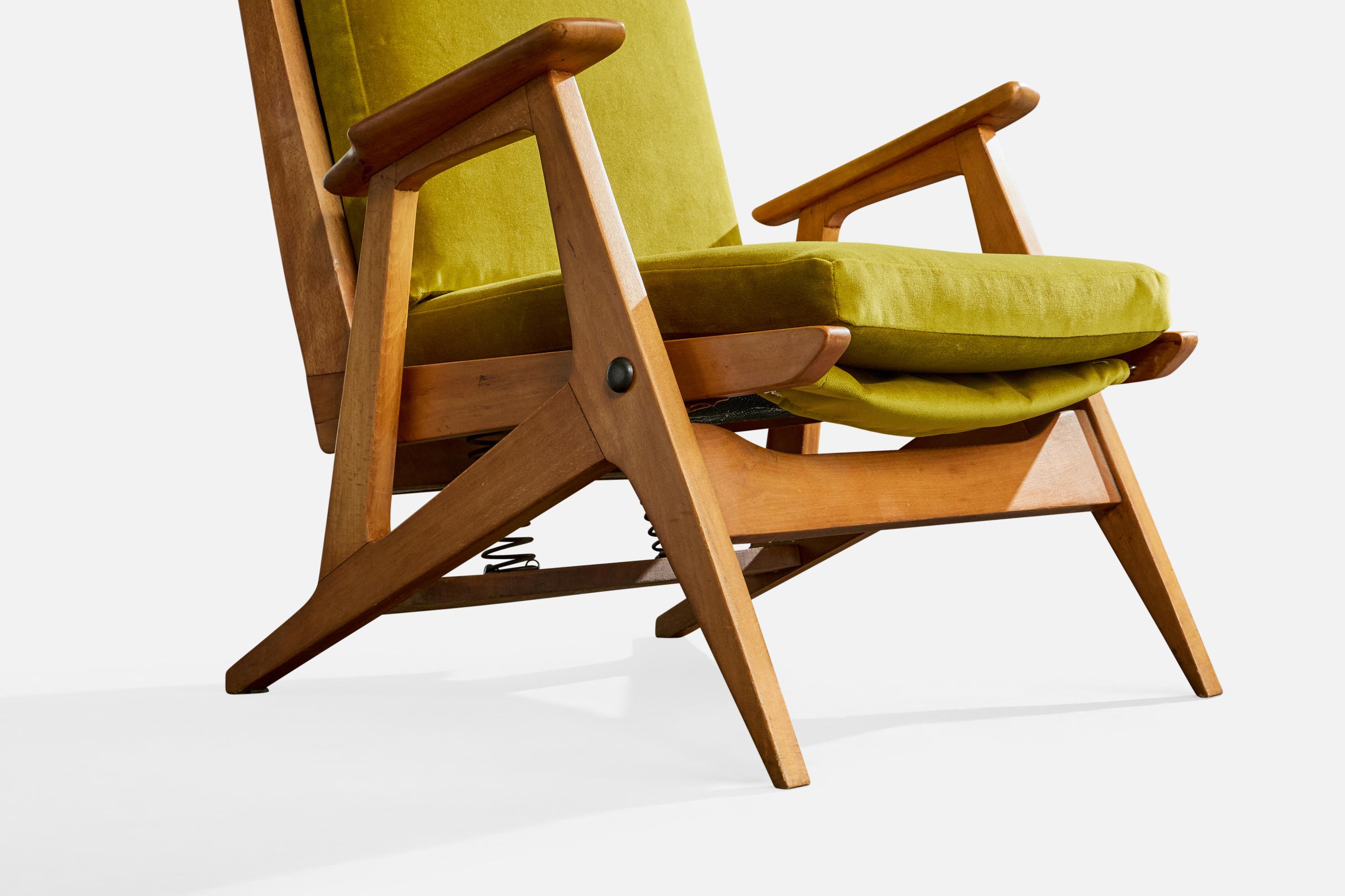 Designer français, chaise longue à bascule, Wood, velours, France, années 1950 en vente 4