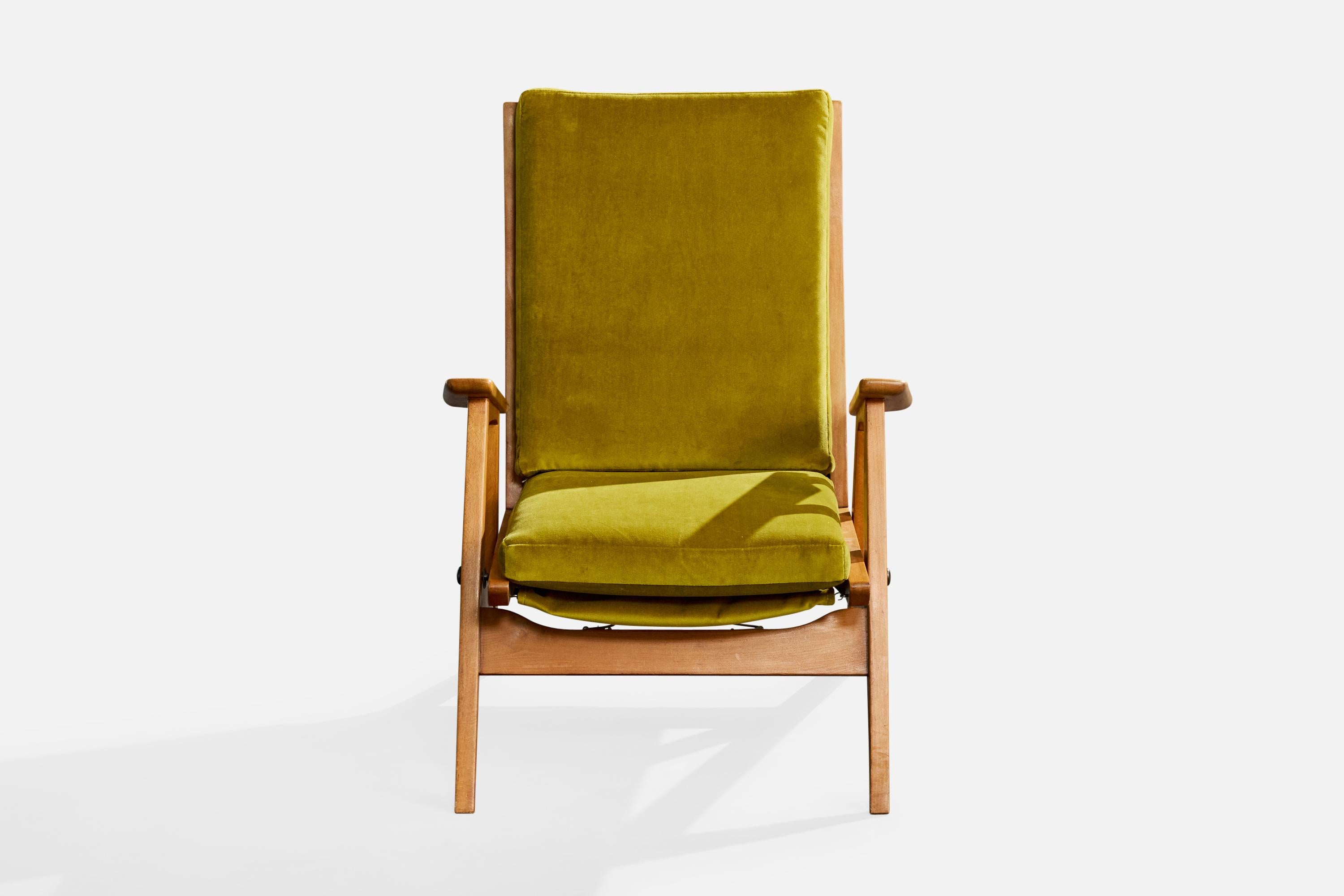 Mid-Century Modern Designer français, chaise longue à bascule, Wood, velours, France, années 1950 en vente