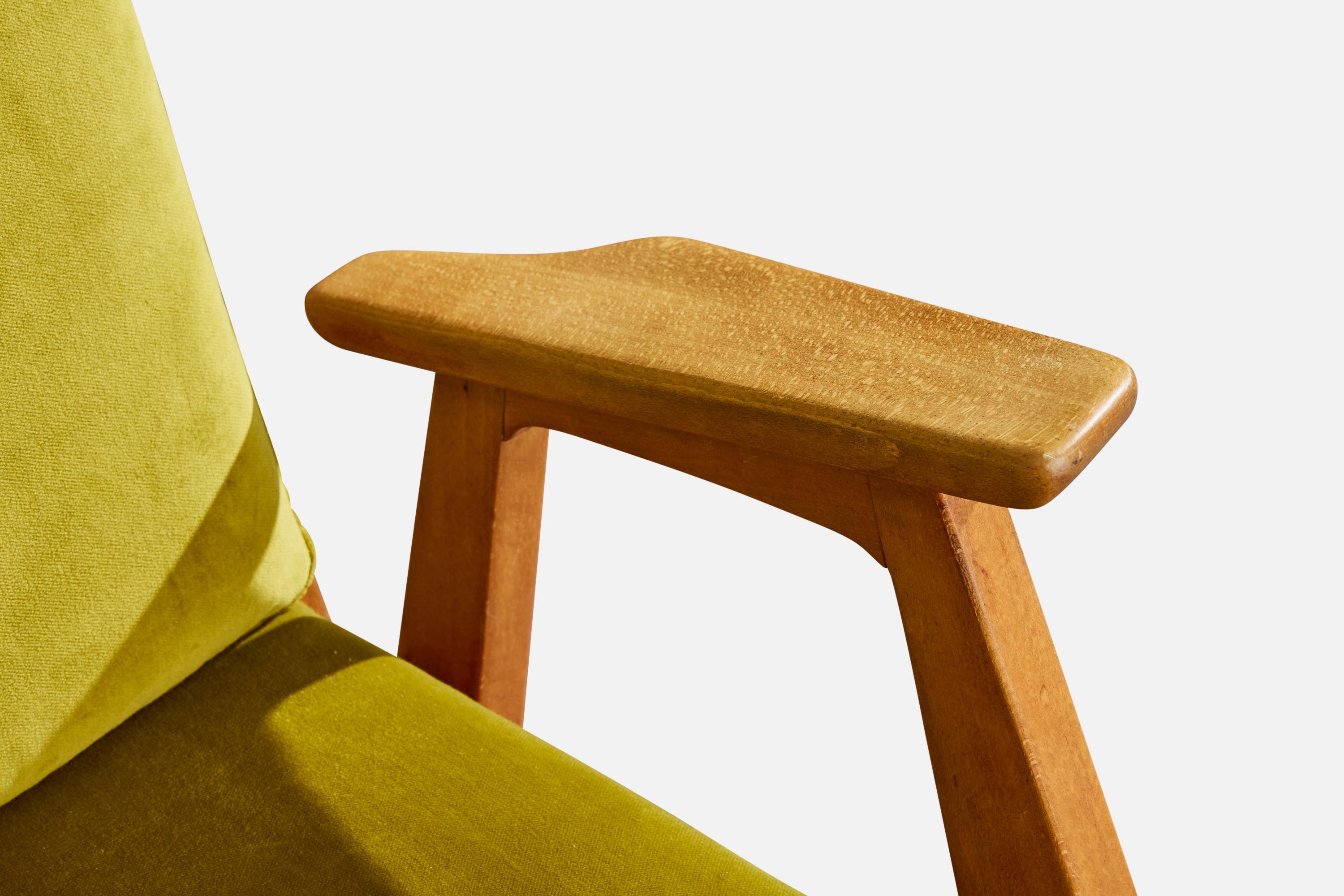 Designer français, chaise longue à bascule, Wood, velours, France, années 1950 en vente 2