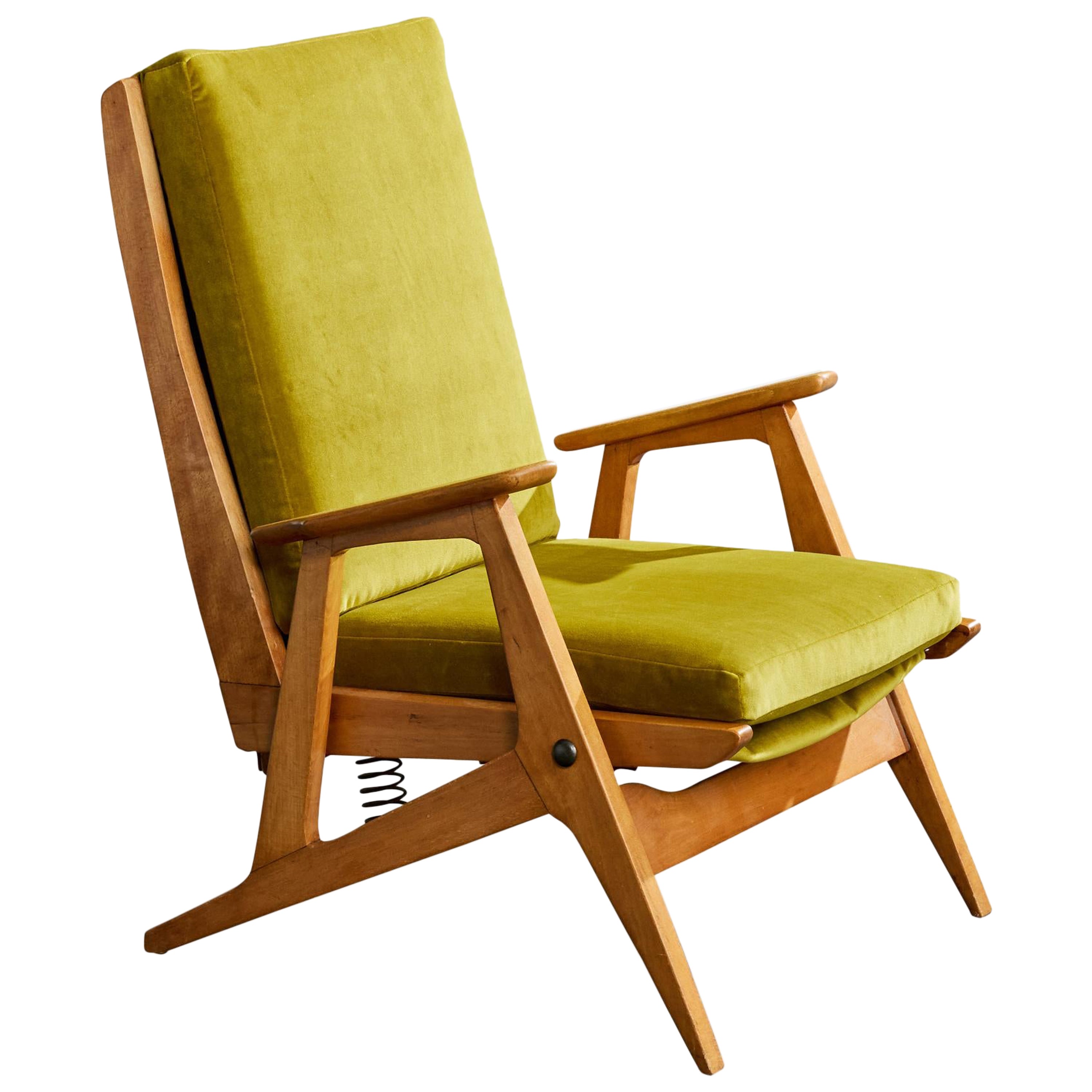 French Designer, Rocking Lounge Chair, Wood, Velvet, France, 1950s