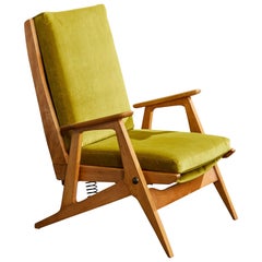French Designer, Rocking Lounge Chair, Wood, Velvet, France, 1950s