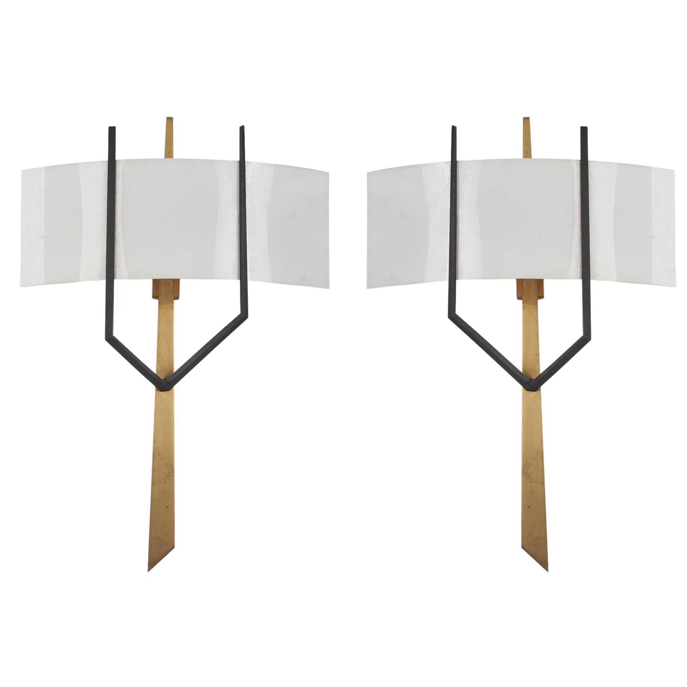 French Designer, Sconces, Brass, Metal, Acrylic, France, 1960s For Sale
