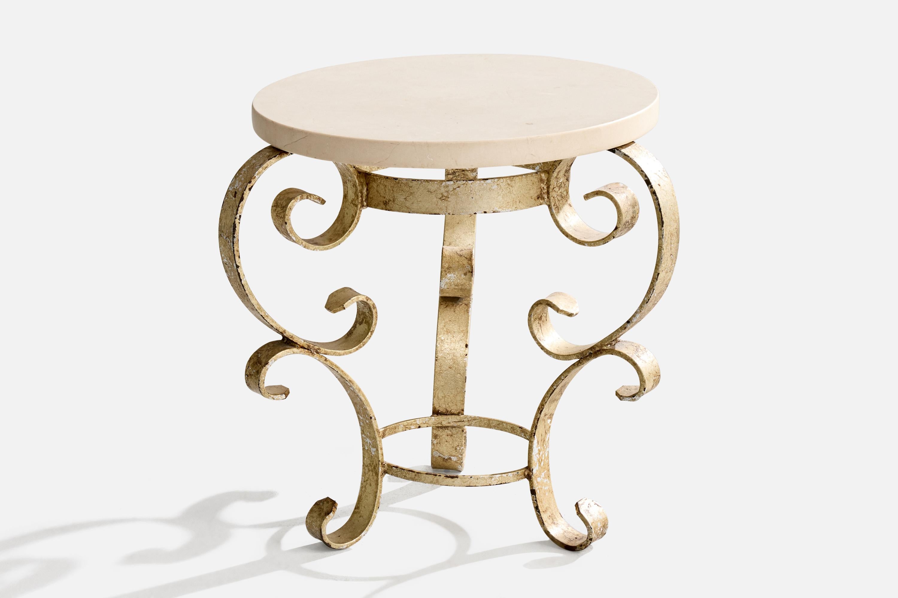 A marble and silver-leaf iron side table designed and produced in France, c. 1950s.

Overall Dimensions (inches): 19.875
