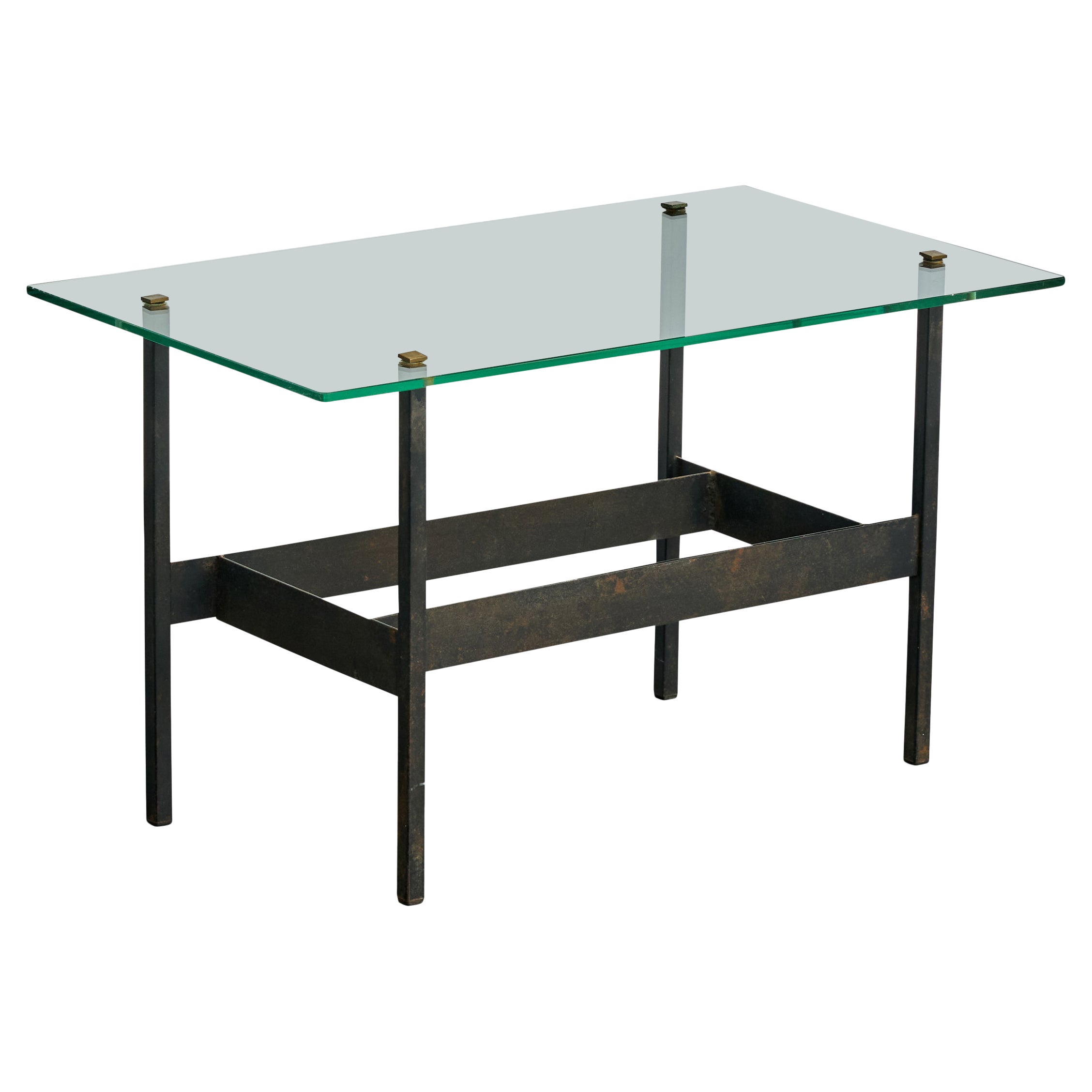 French Designer, Side Table, Metal, Glass, Brass, France, 1960s