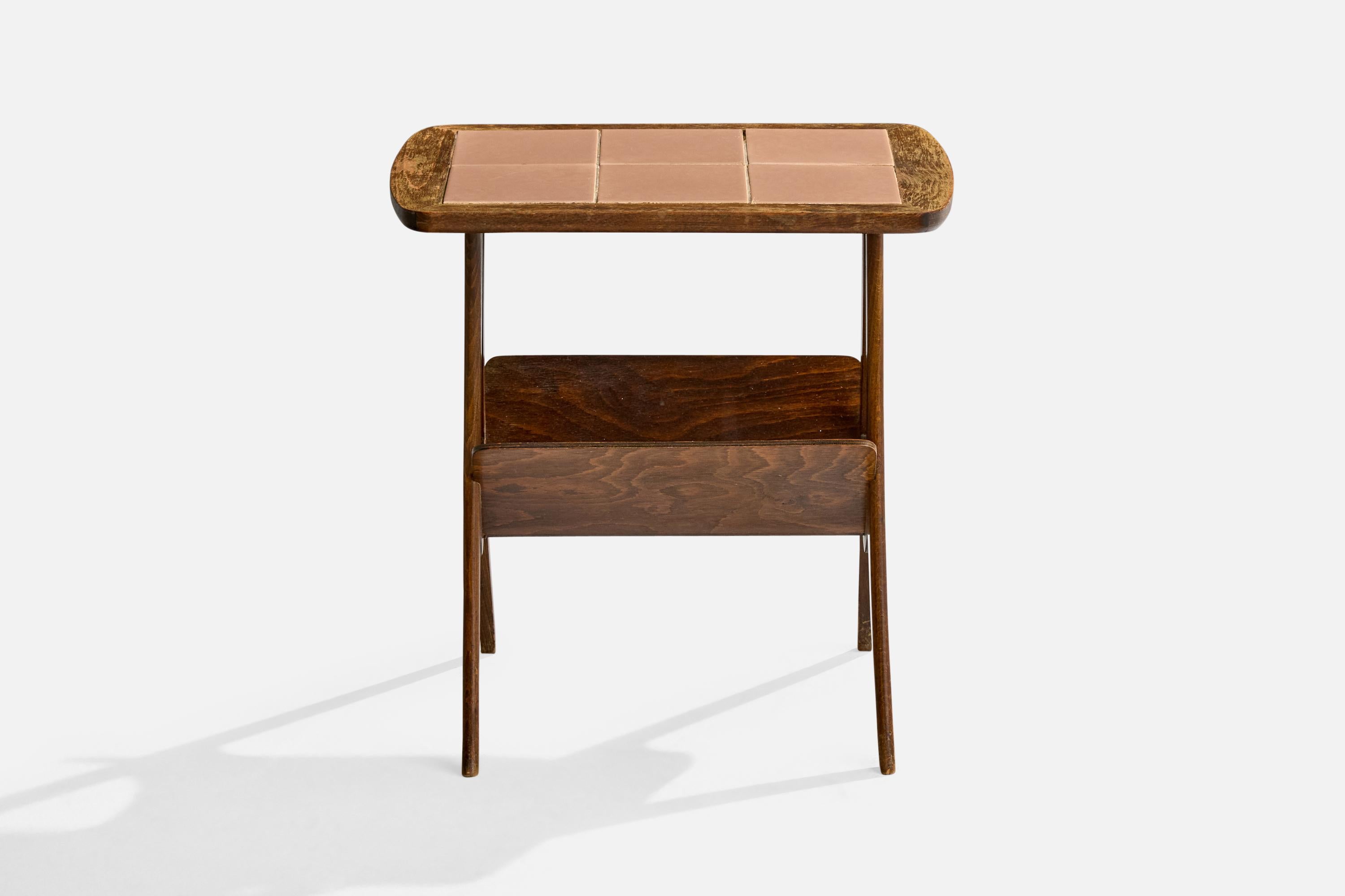 Mid-Century Modern French Designer, Side Table, Oak, Ceramic, France, 1950s For Sale