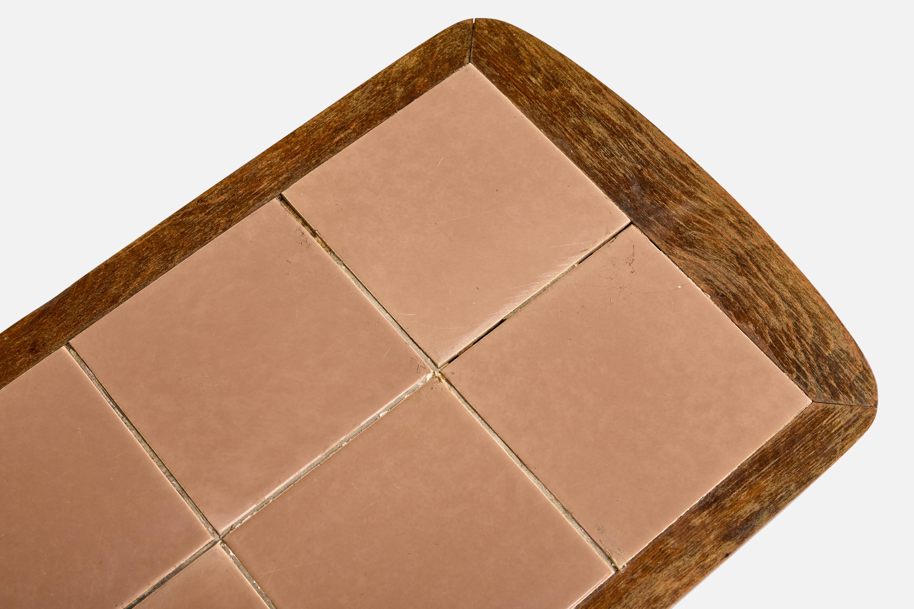 French Designer, Side Table, Oak, Ceramic, France, 1950s For Sale 1
