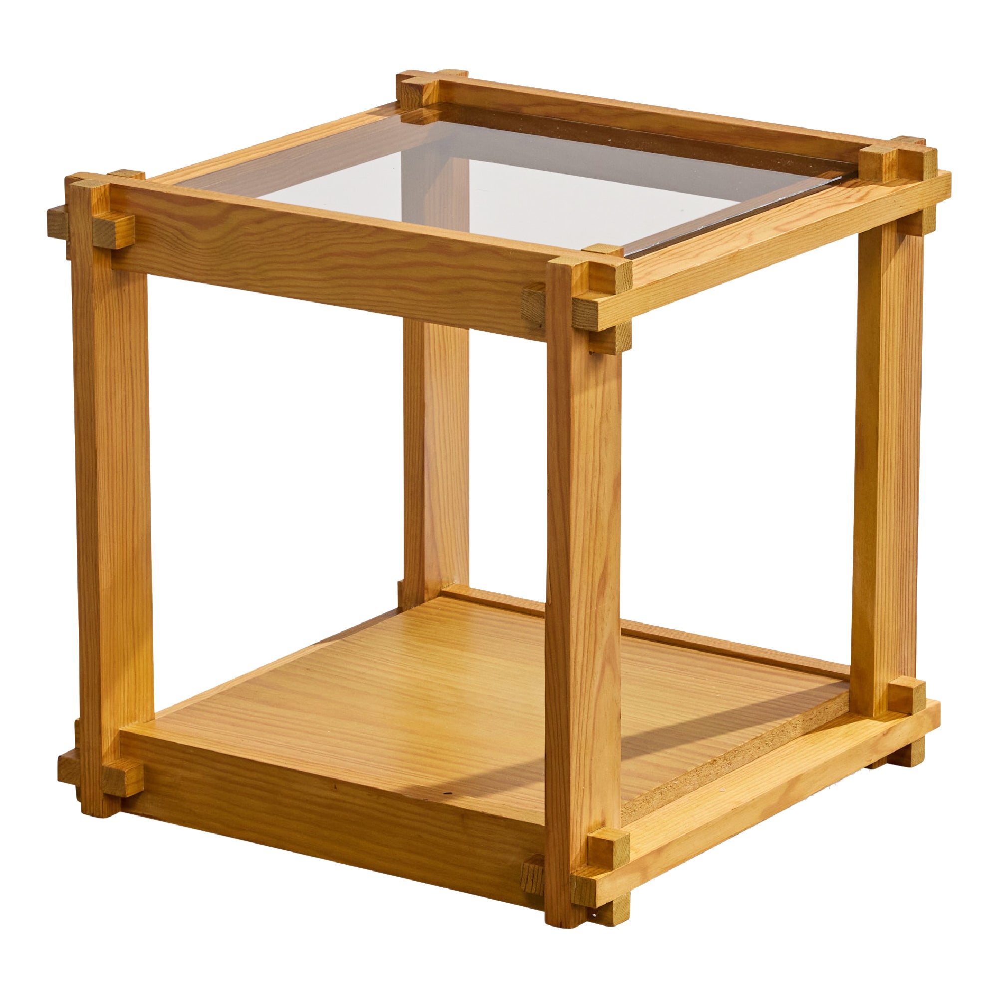 Table d'appoint de designer français, pin, verre, France, années 1970