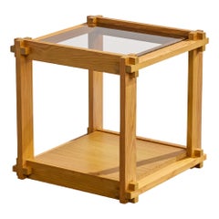 Table d'appoint de designer français, pin, verre, France, années 1970